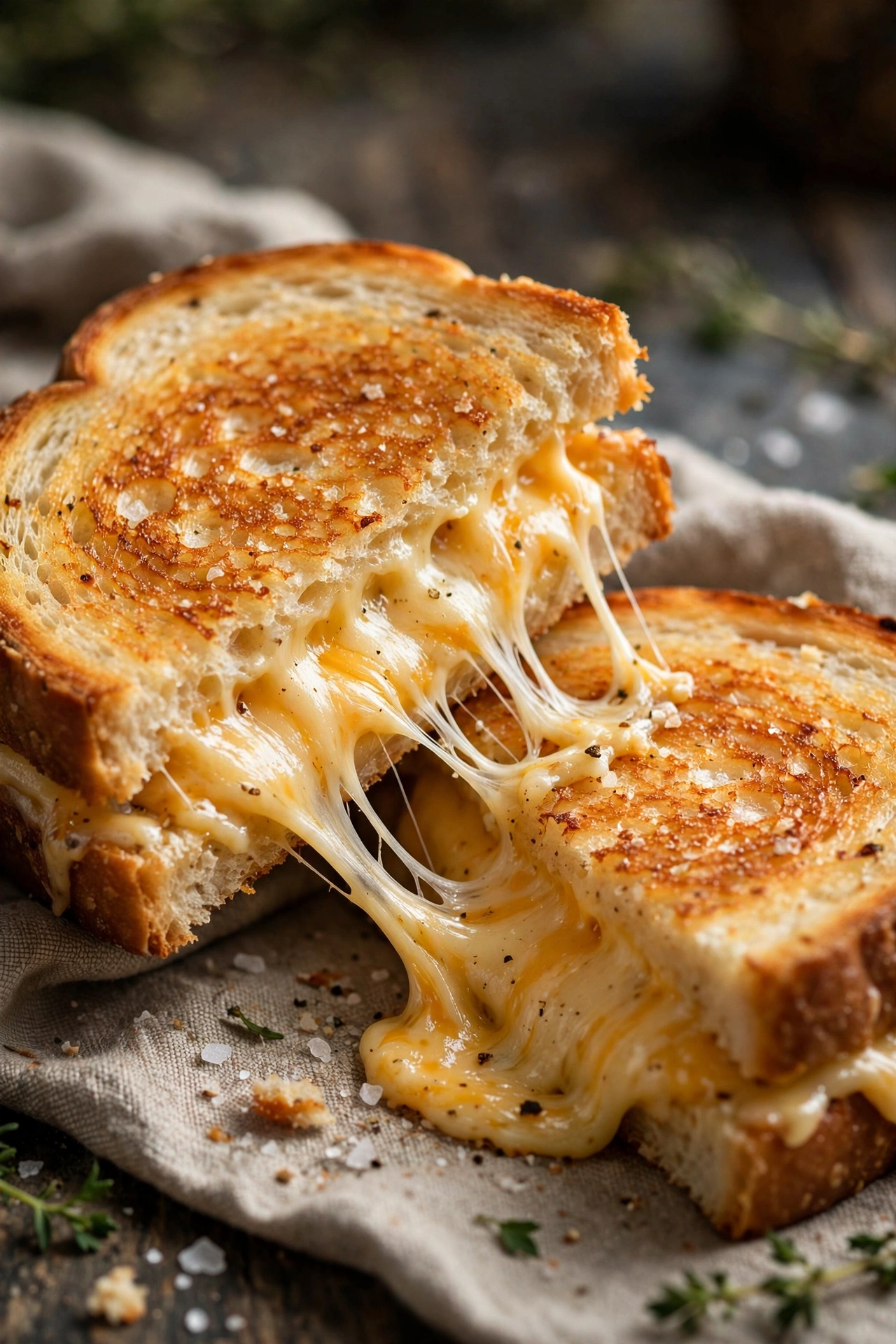 Classic grilled cheese sandwich cut diagonally with cheese pull