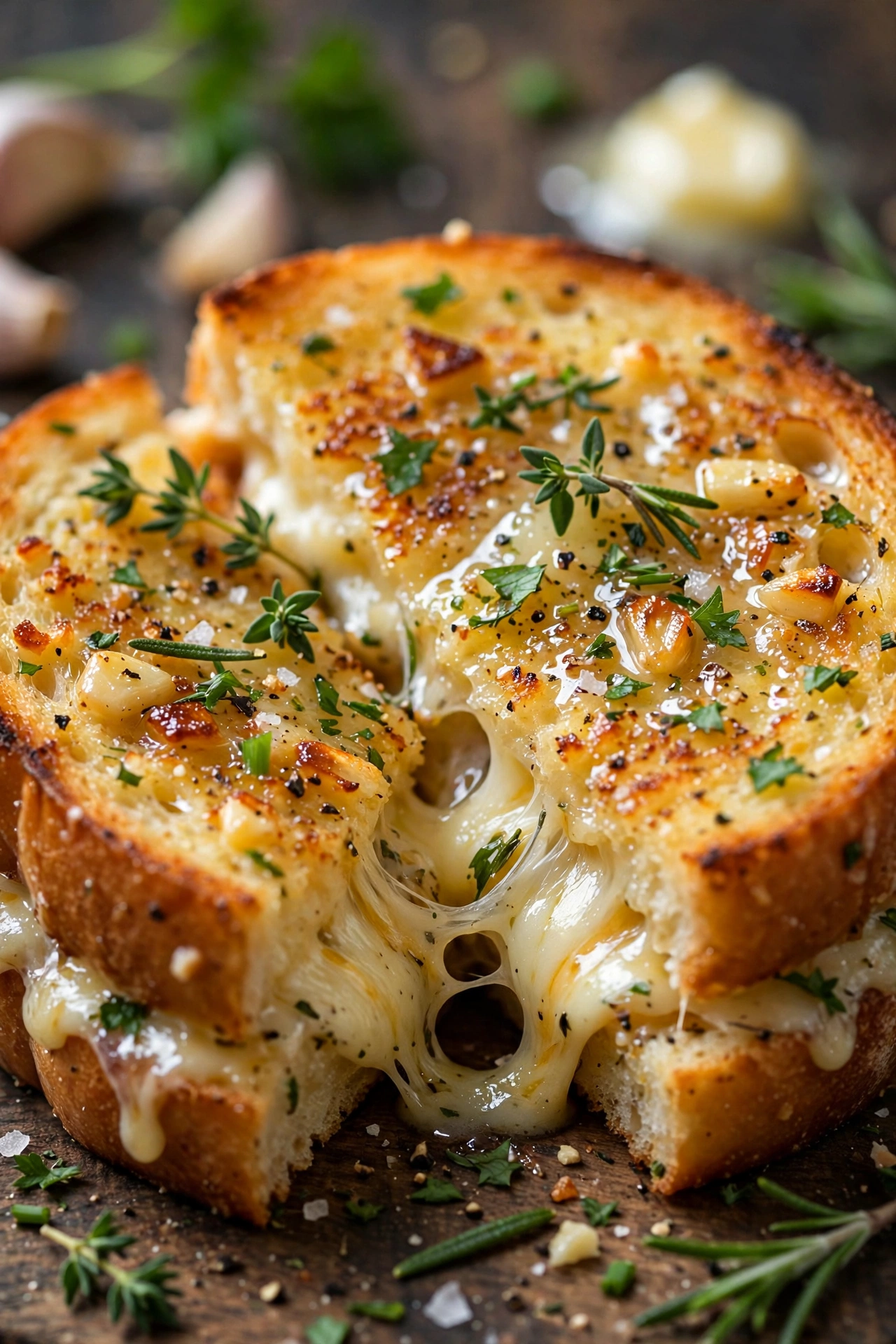 Garlic bread grilled cheese with herbs and butter shine
