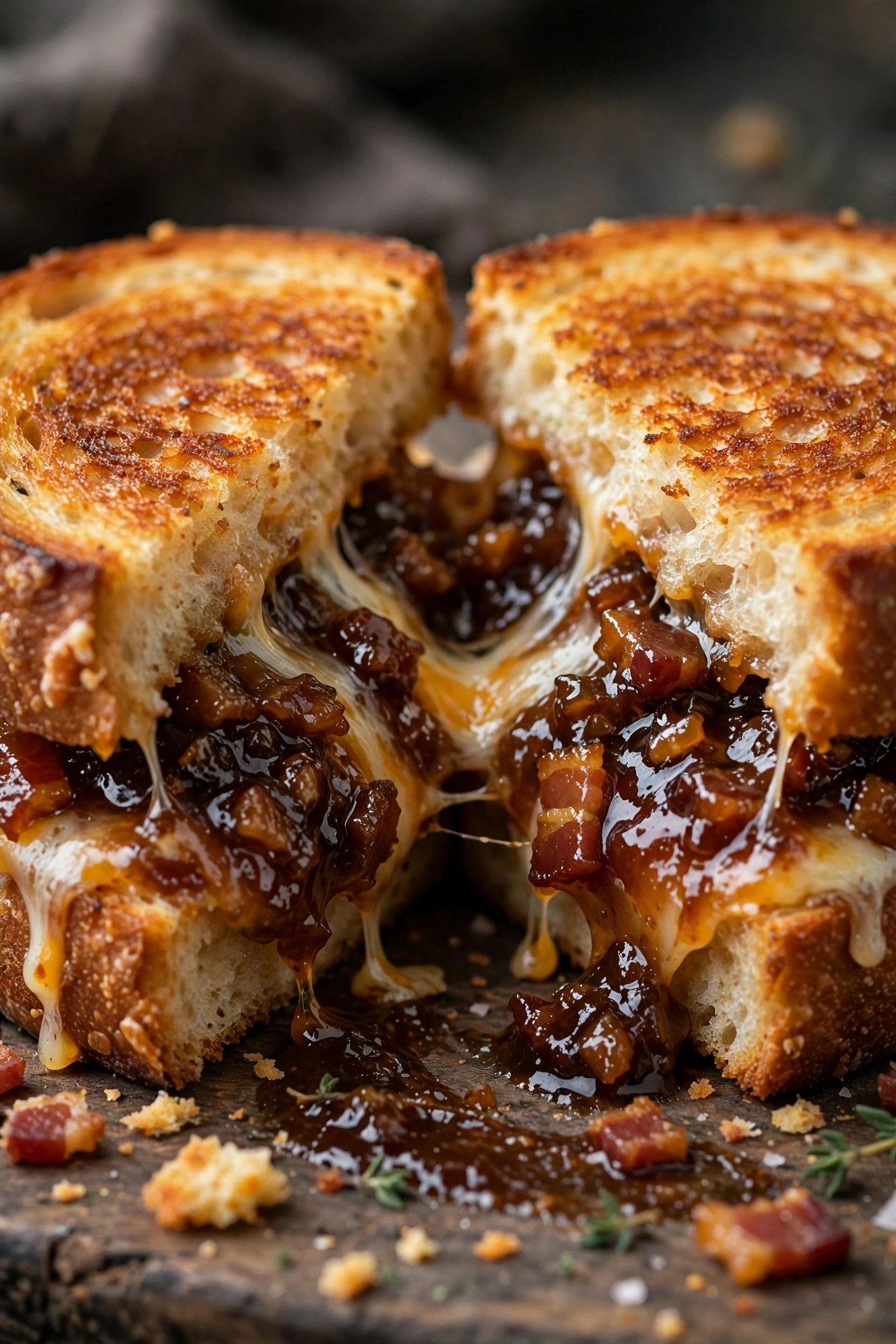 Bacon jam grilled cheese with sweet bacon spread oozing
