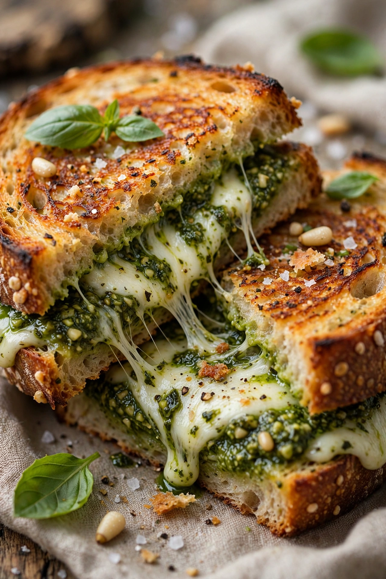 Pesto grilled cheese with green pesto and mozzarella
