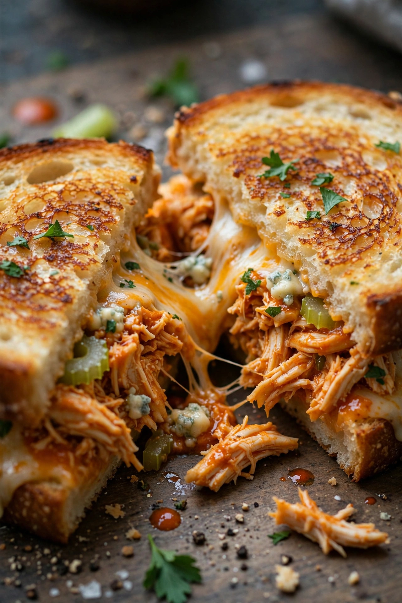 Buffalo chicken grilled cheese with shredded buffalo chicken