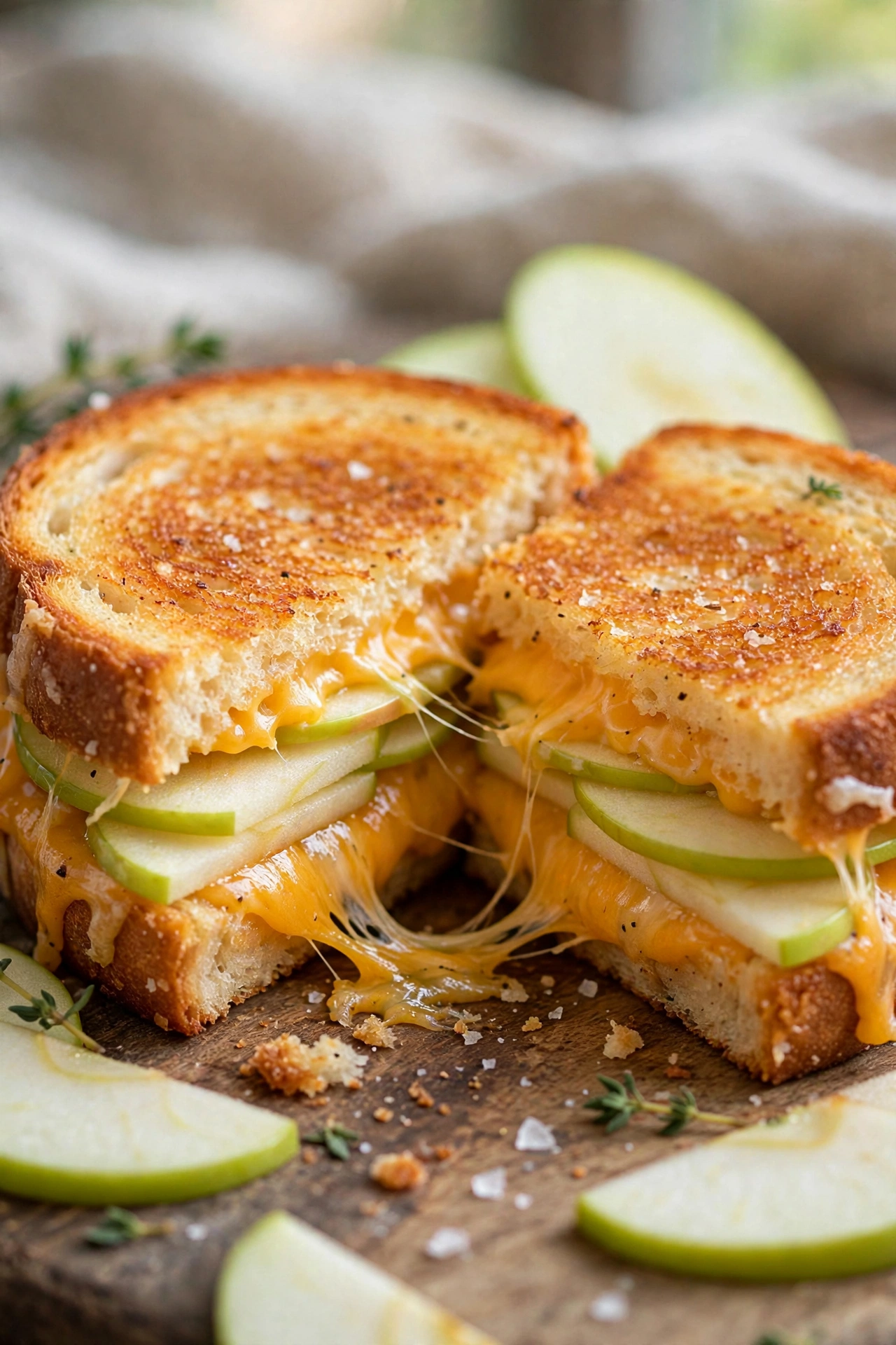 Apple cheddar grilled cheese with thin apple slices