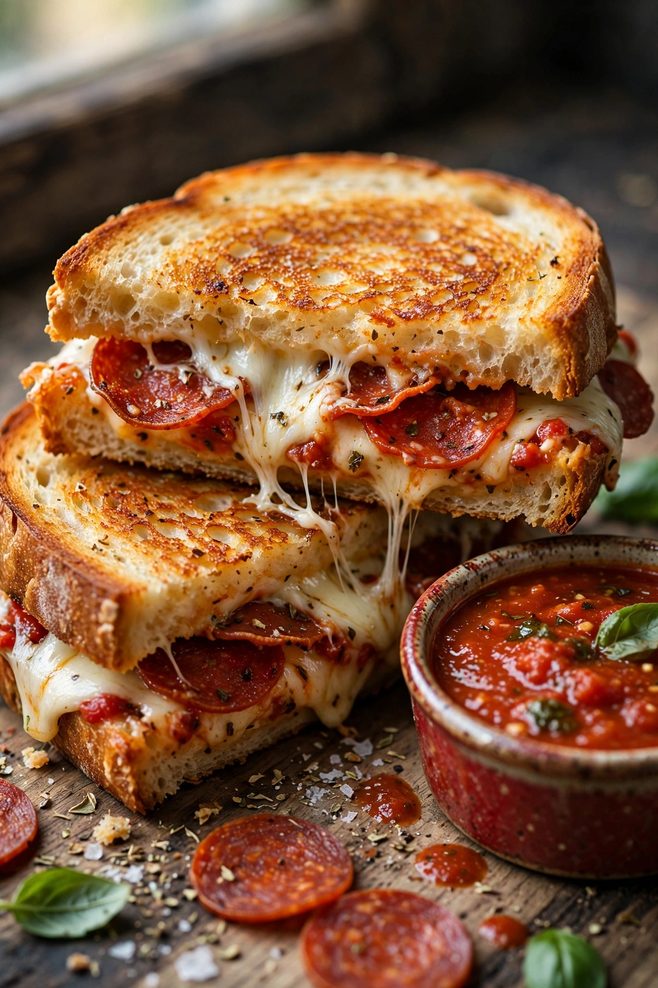 Pizza grilled cheese with pepperoni and marinara dip