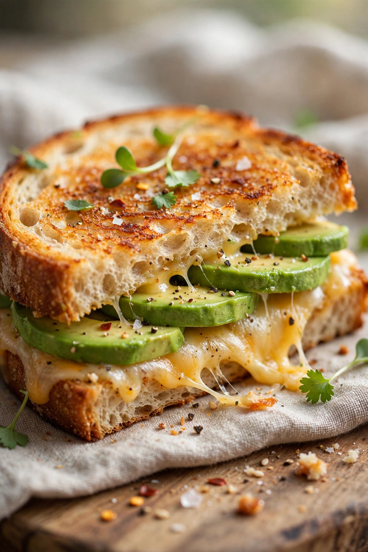 Avocado grilled cheese with green avocado slices