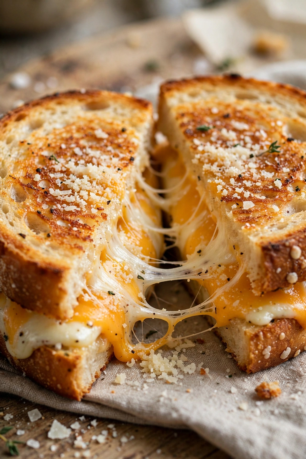Three-cheese grilled cheese with cheddar mozzarella and parmesan