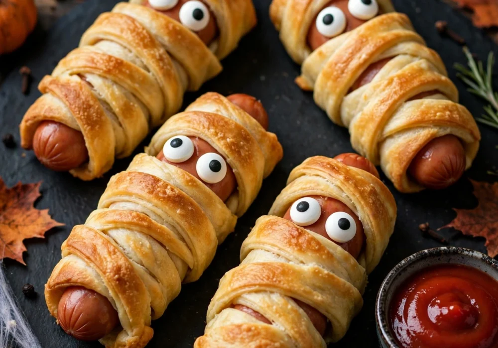 Mummy hot dogs wrapped in crescent dough with candy eyes
