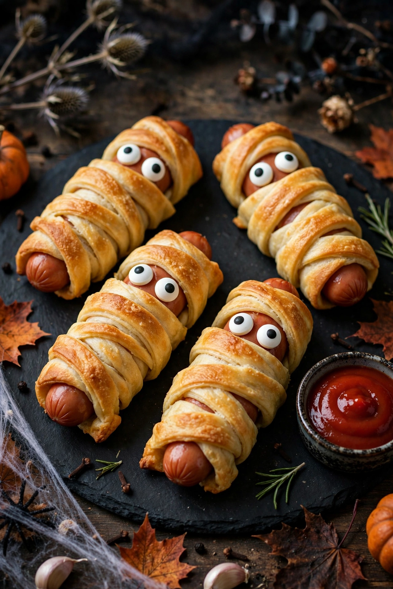 Mummy hot dogs wrapped in crescent dough with candy eyes