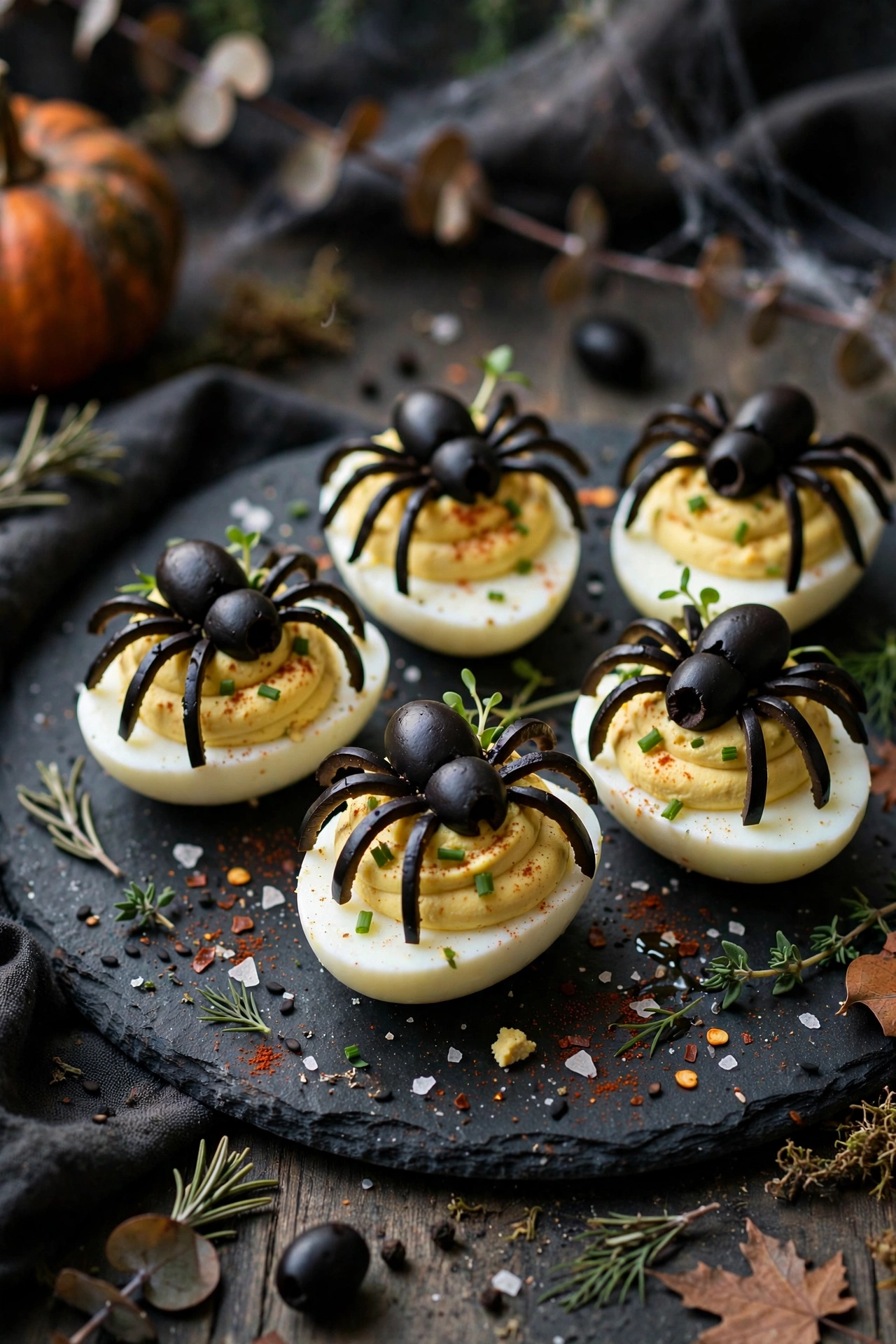 Spider deviled eggs with olive spiders on top