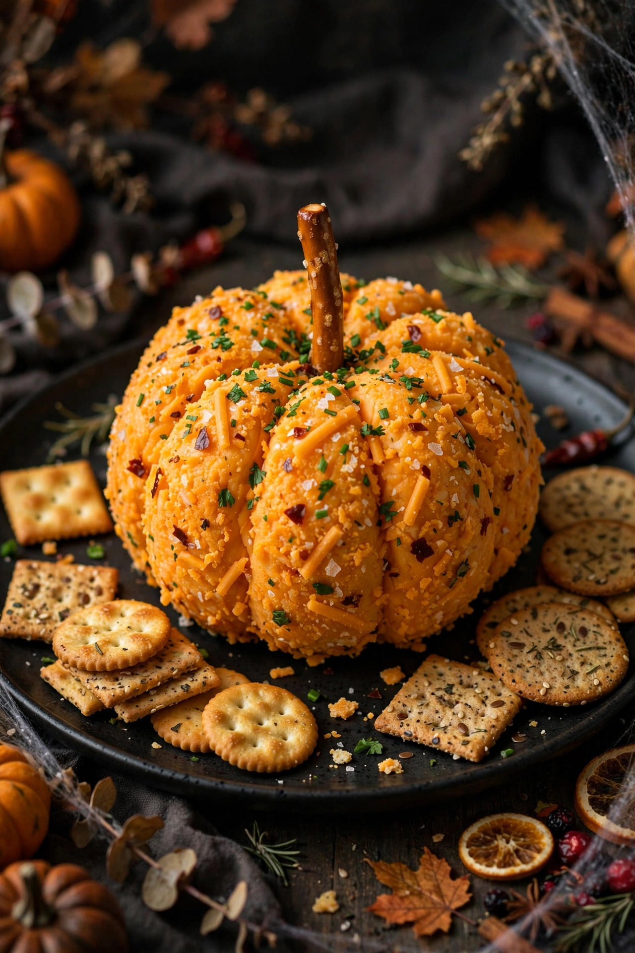 Pumpkin cheese ball shaped like a pumpkin with pepper stem