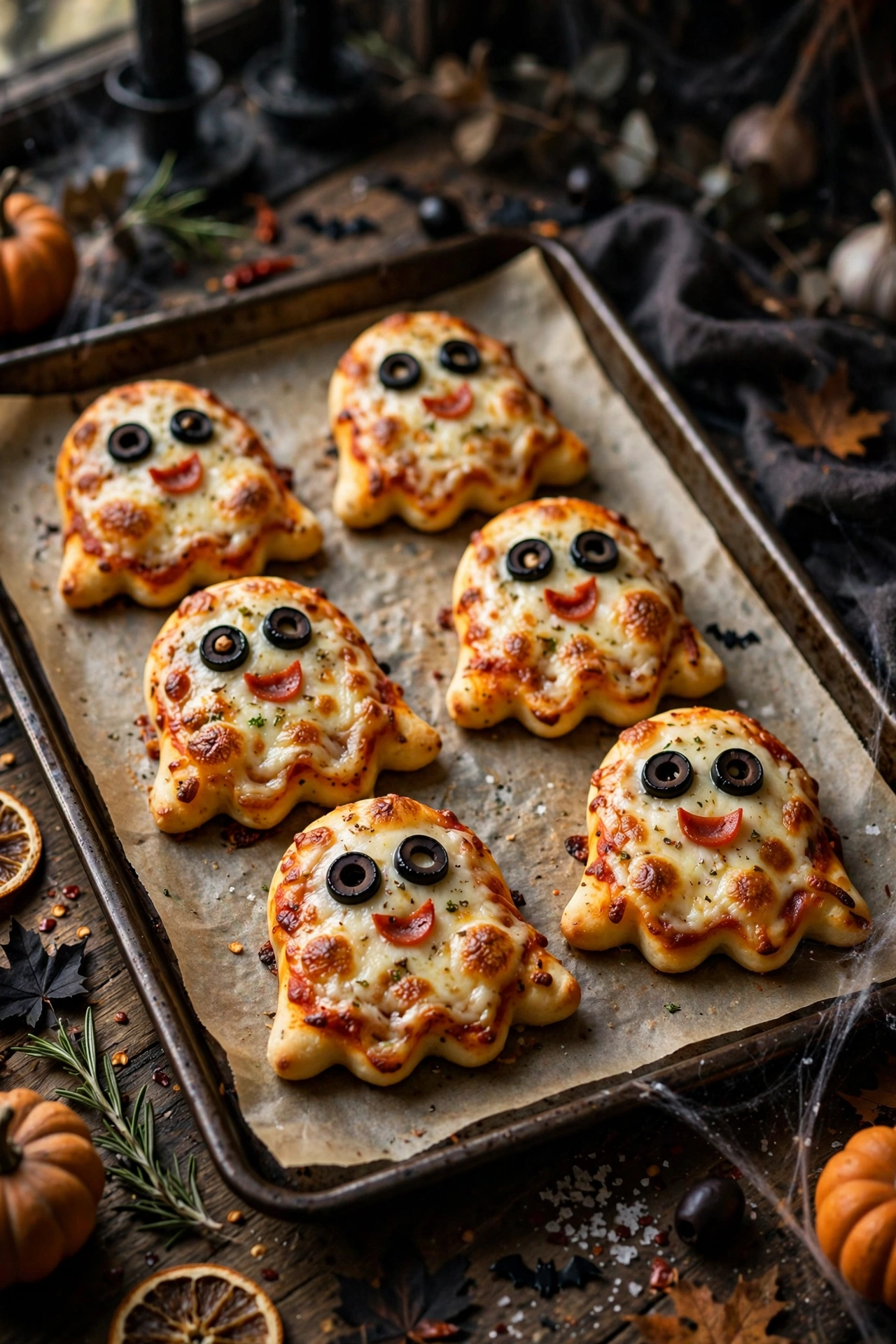 Ghost pizza bites with mozzarella ghost shapes and olive eyes