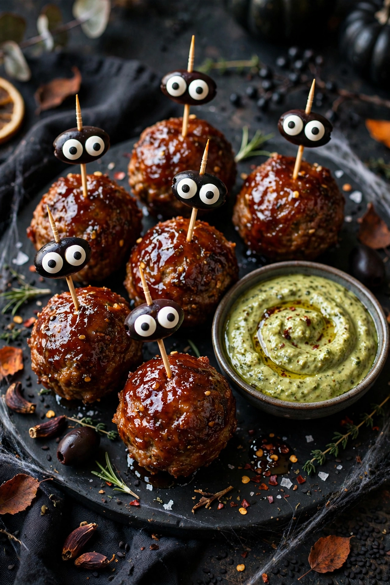 Monster meatballs with googly candy eyes in barbecue glaze