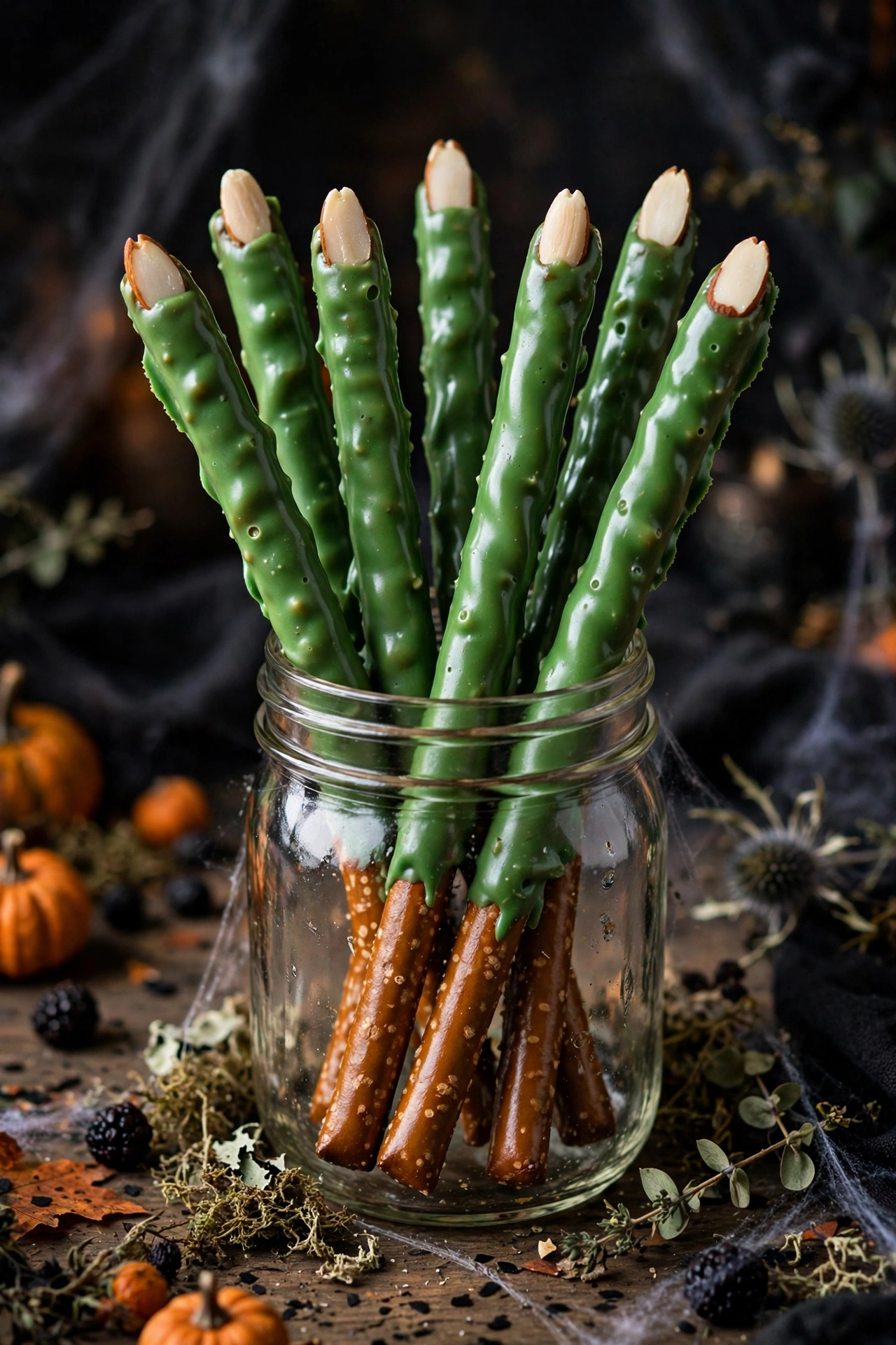 Witch finger pretzels with green coating and almond nails
