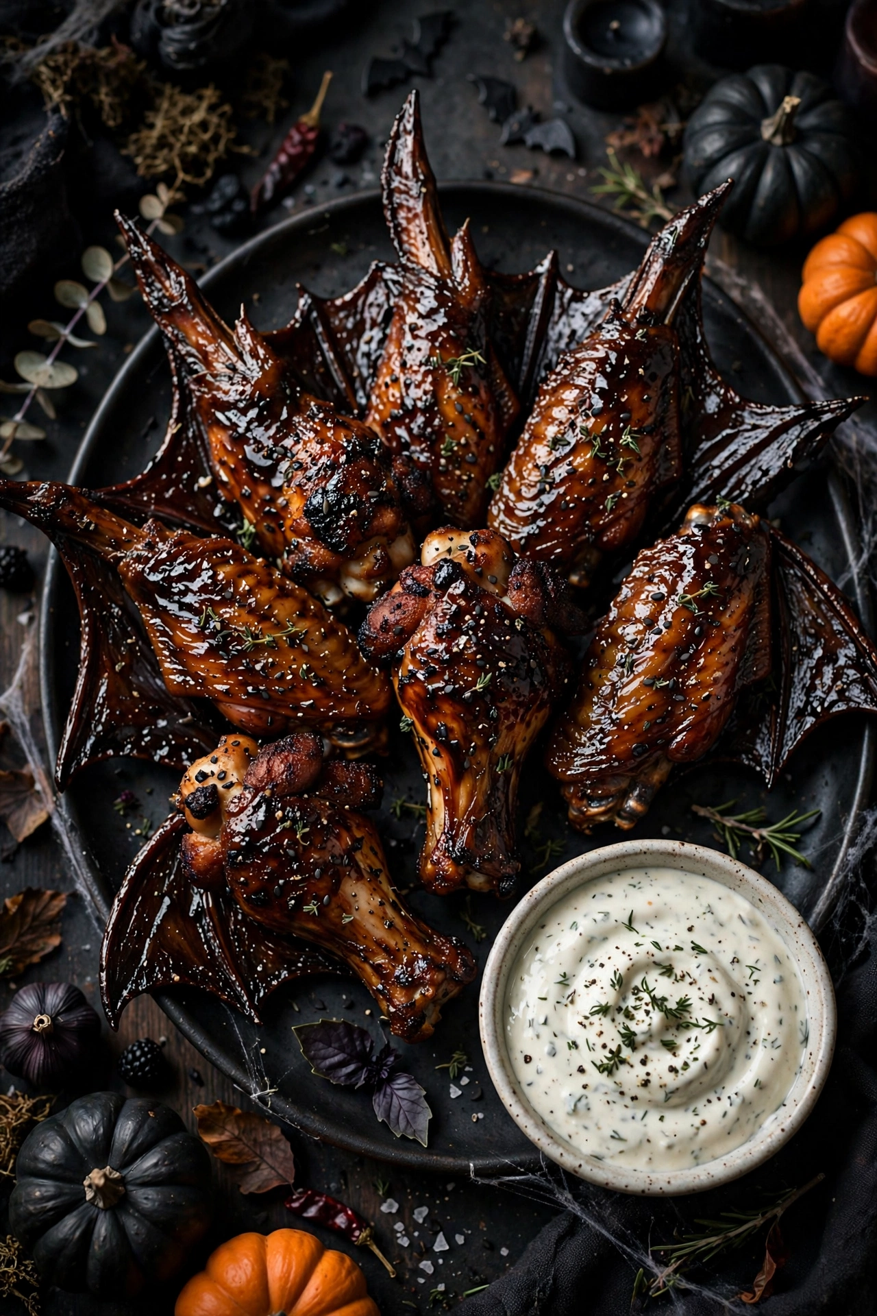 Bat wing chicken wings with dark sticky glaze