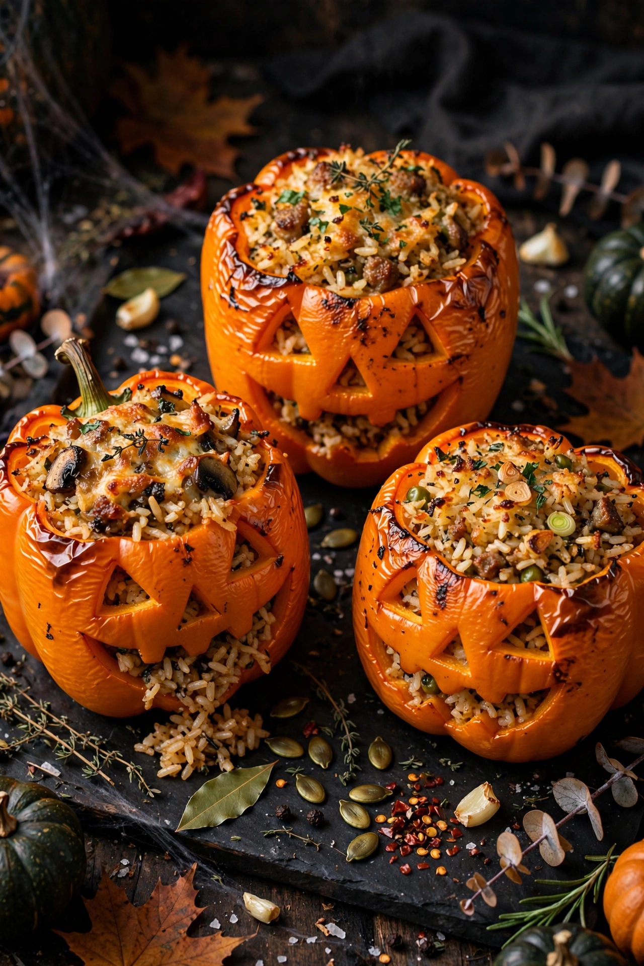 Jack-o'-lantern stuffed peppers with carved faces and cheese