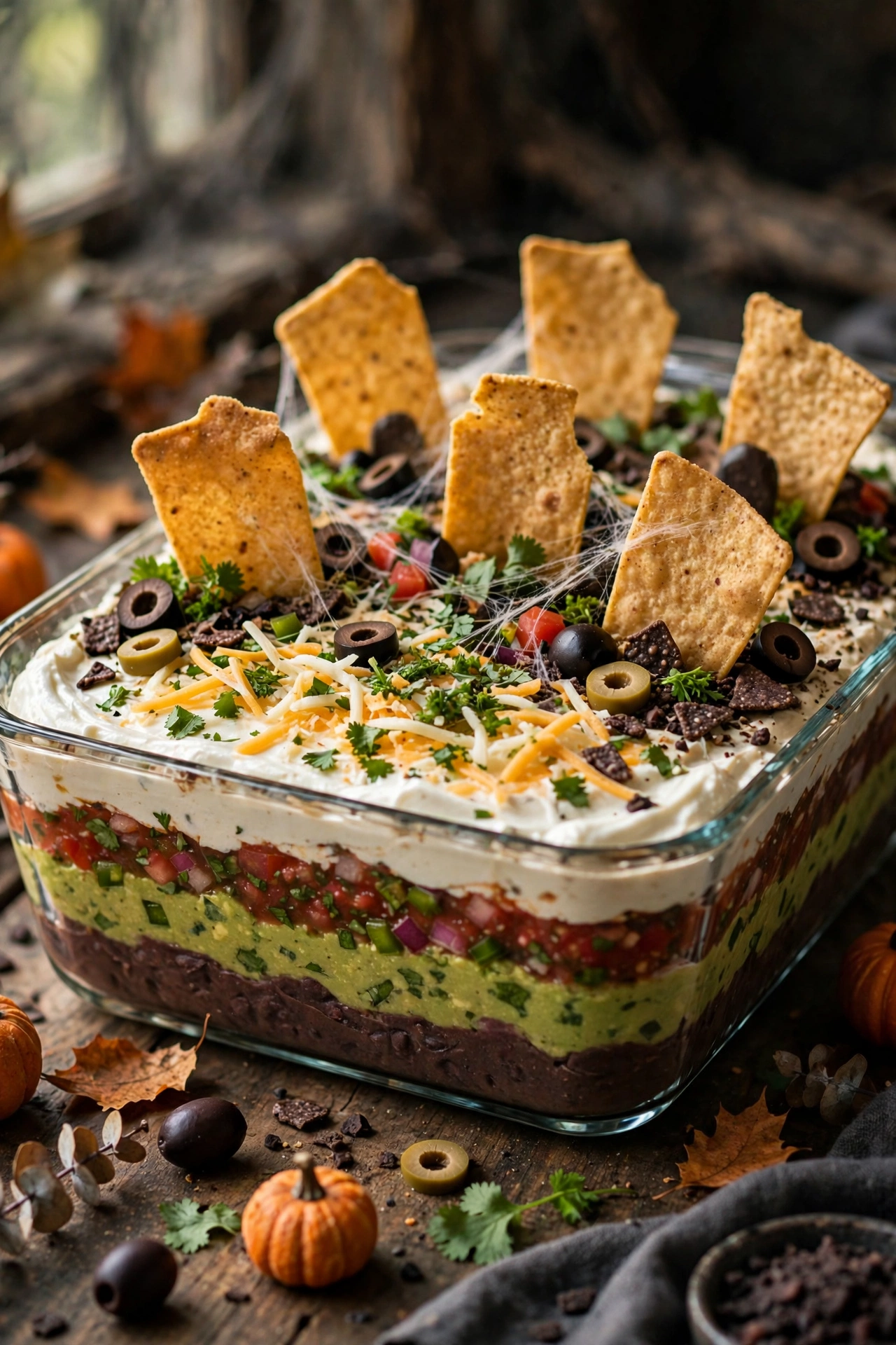 Graveyard taco dip with cookie tombstones and tortilla dirt