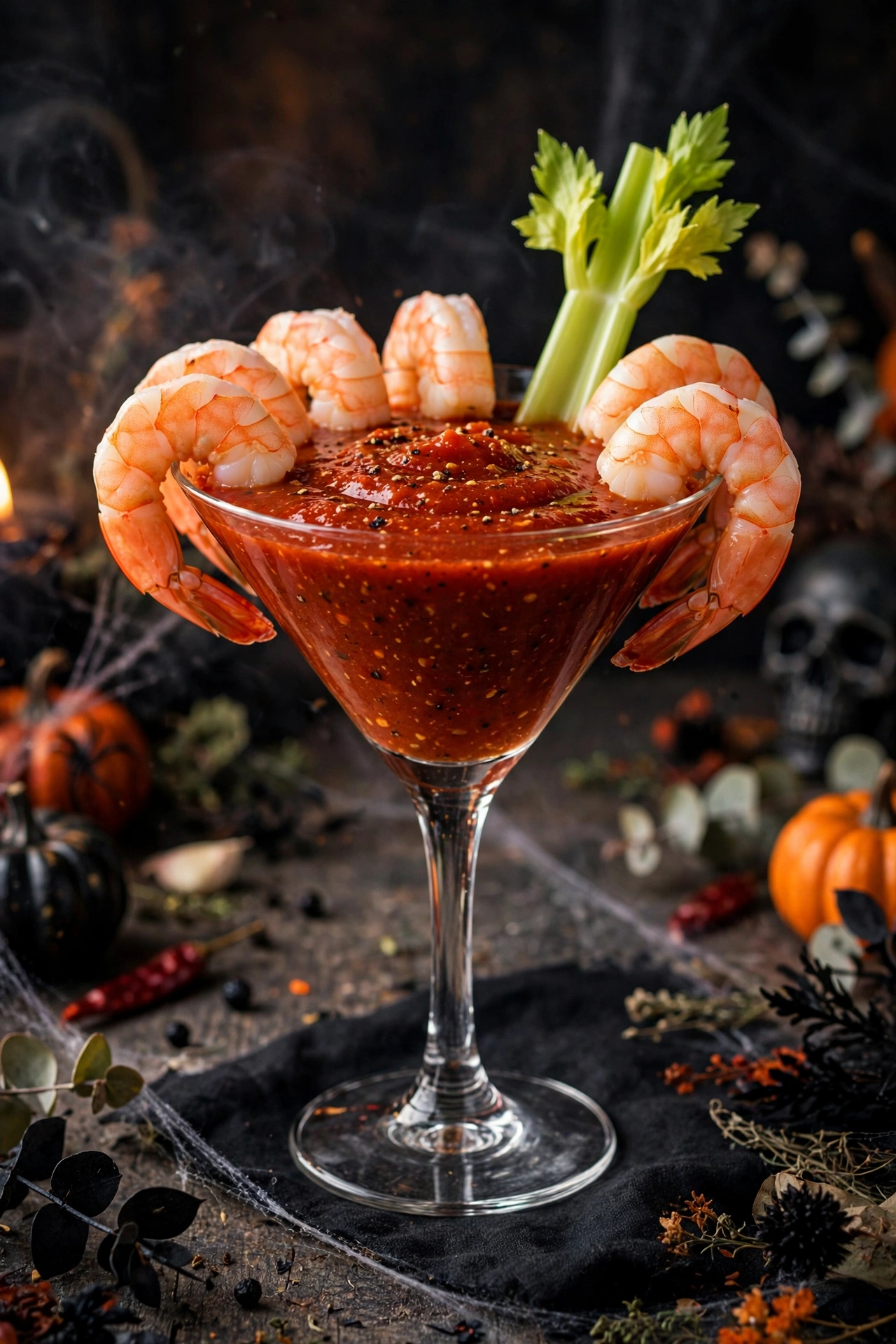 Bloody mary shrimp in shot glasses with celery sticks