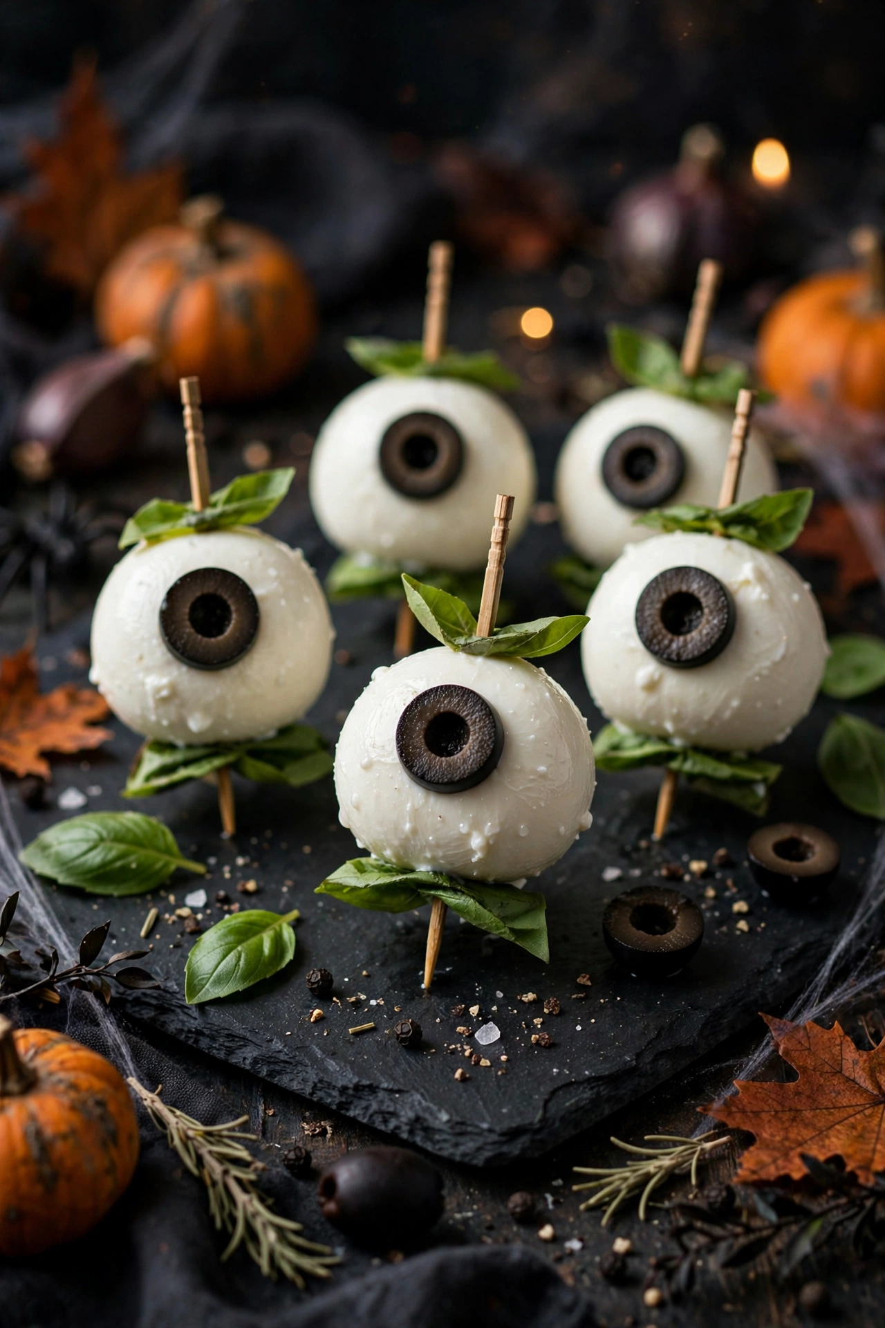 Eyeball caprese bites with mozzarella, olive pupils and basil
