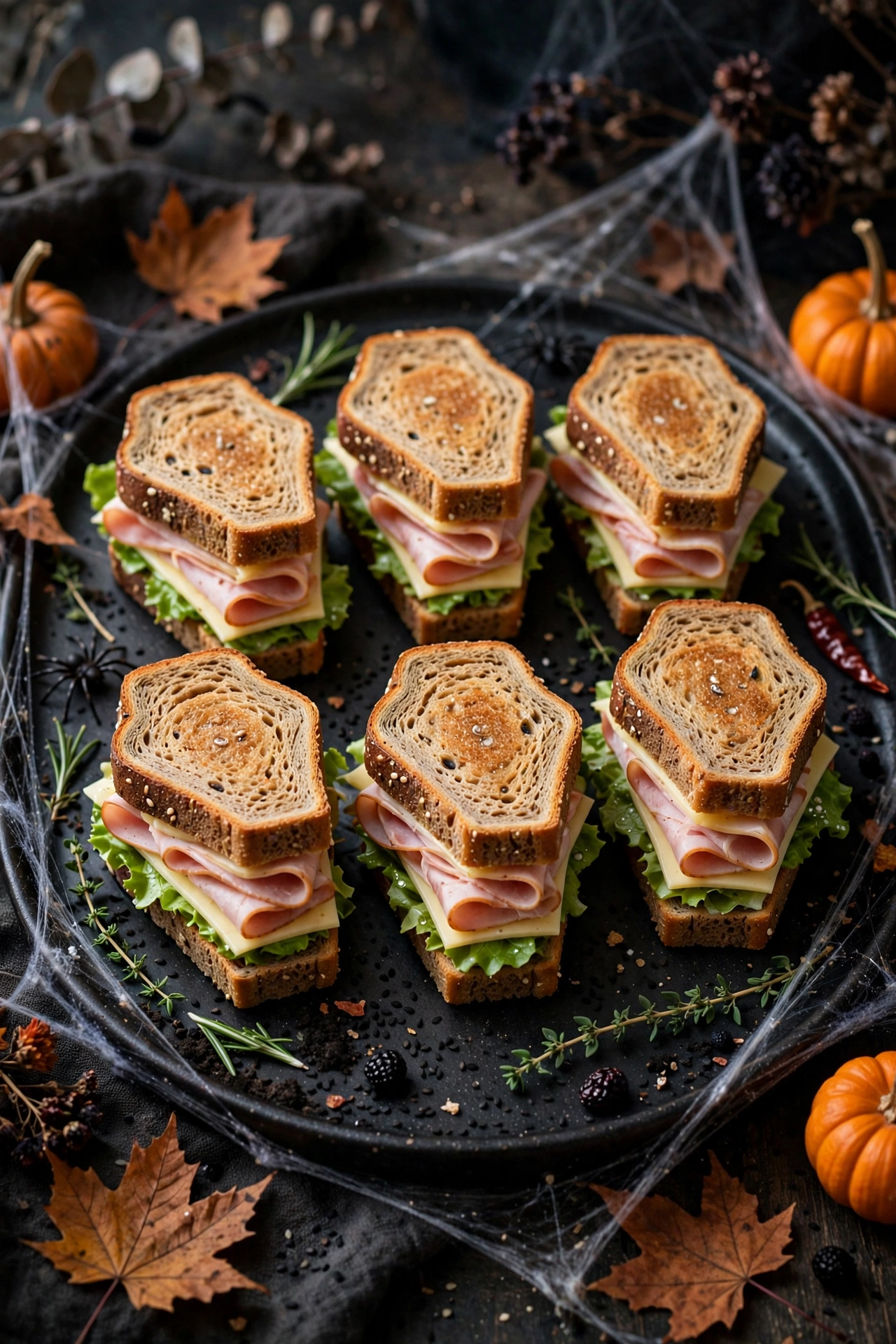 Coffin shaped finger sandwiches with various fillings