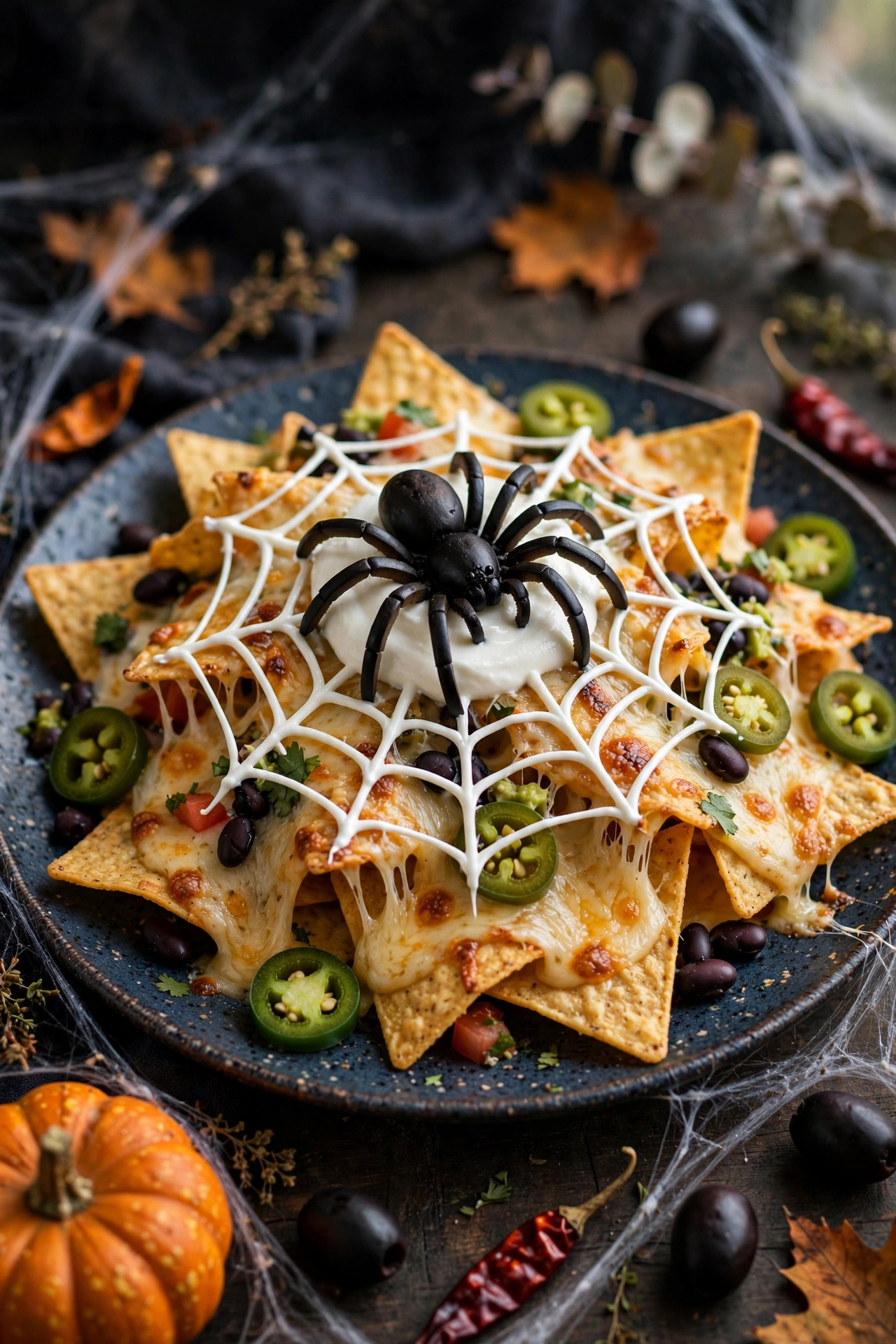 Spider web nachos with sour cream web pattern on sheet pan