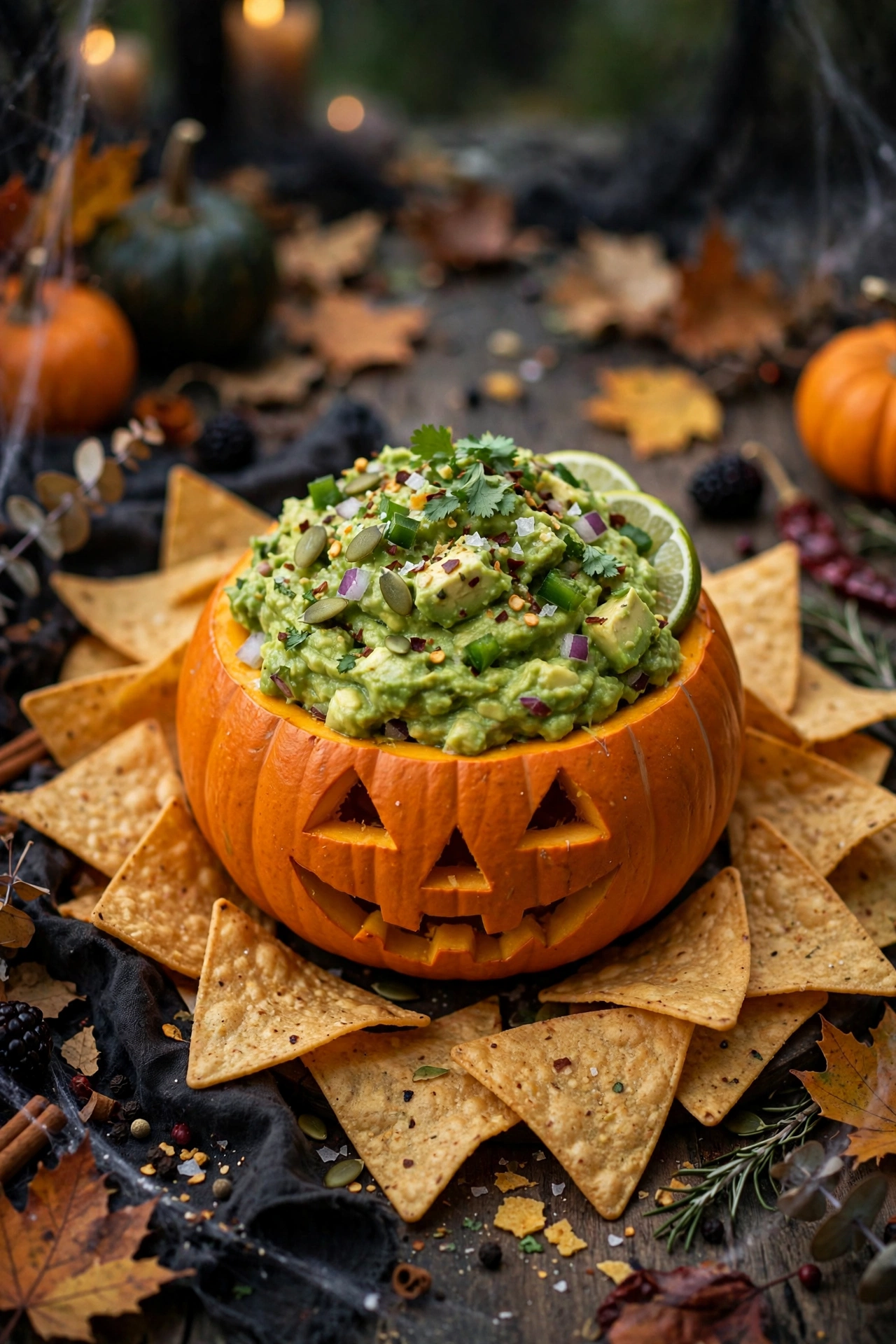 Pumpkin guacamole served in carved mini pumpkin bowl