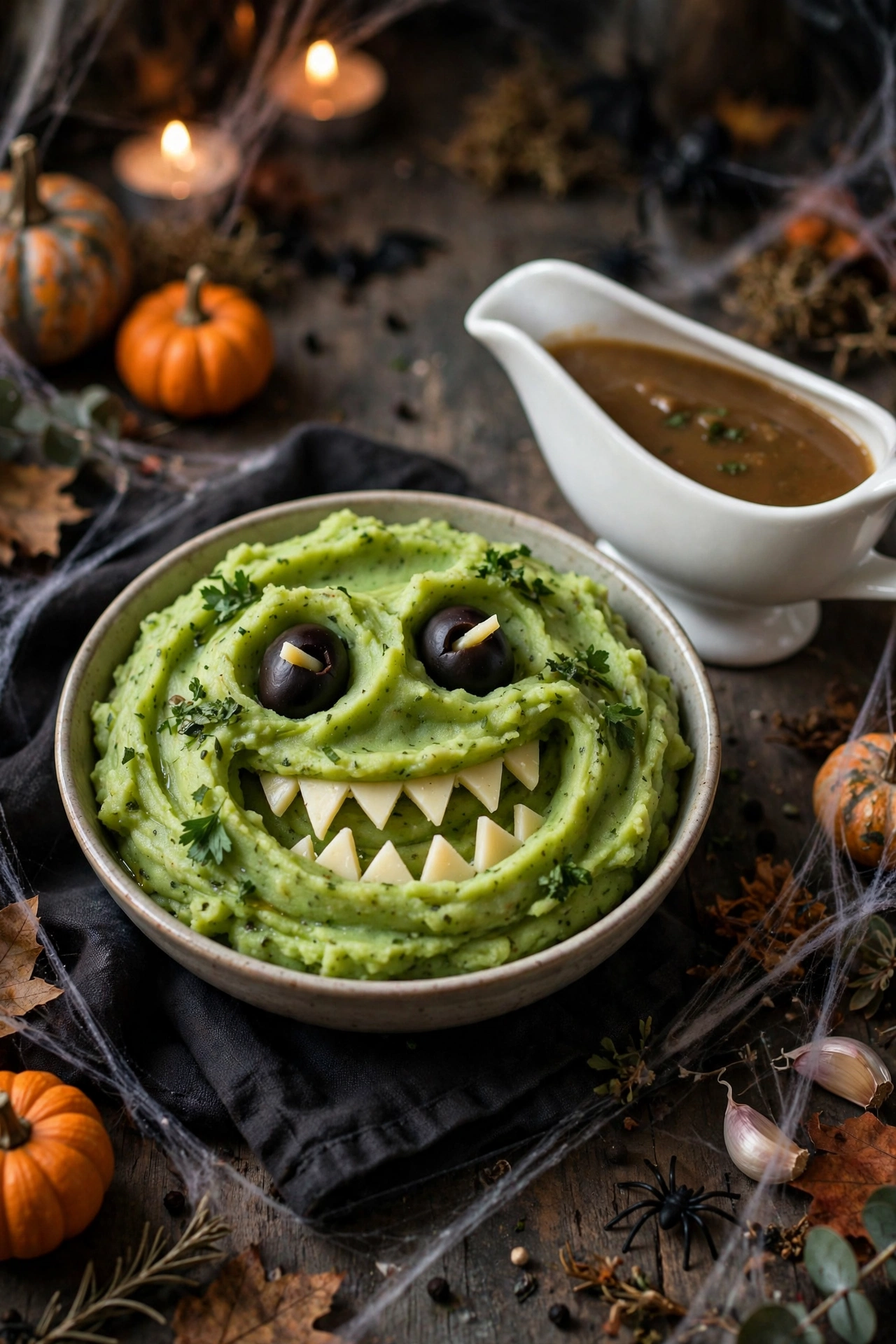 Monster mash potatoes green with olive eyes and chive hair