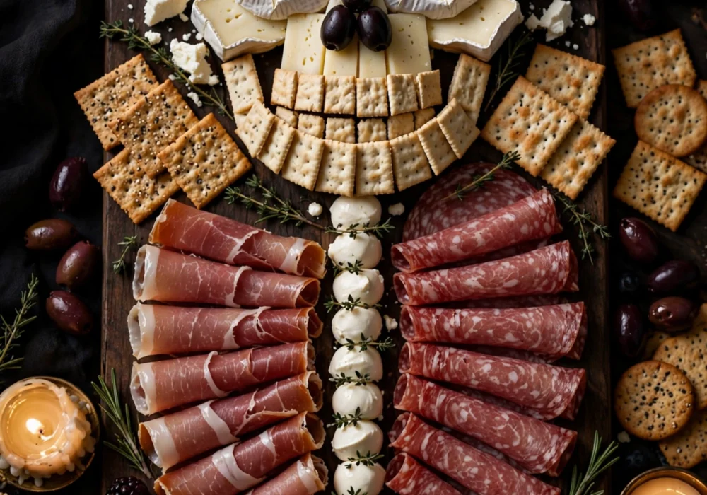 Skeleton charcuterie board with arranged meats cheeses and olives in spooky shapes