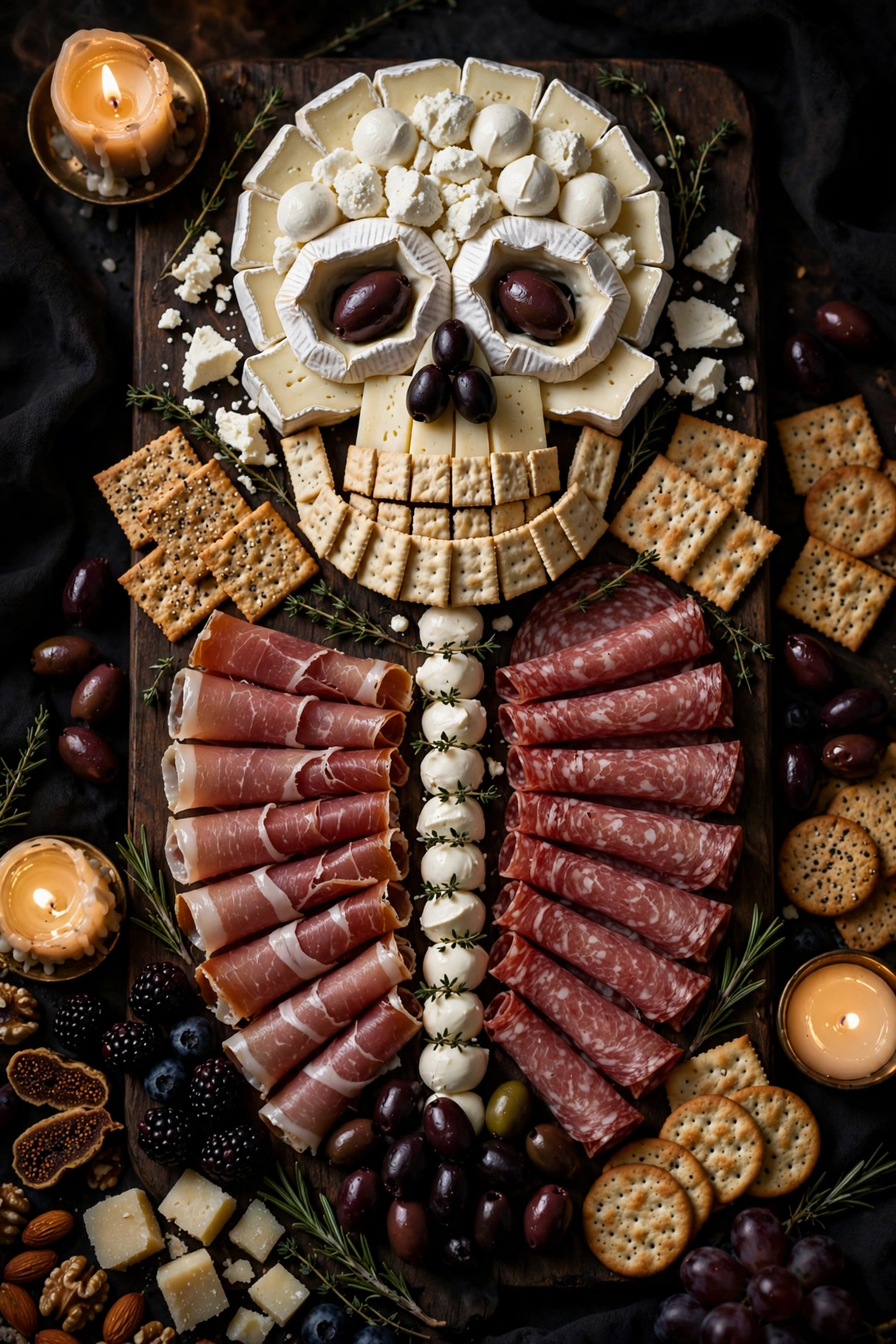 Skeleton charcuterie board with arranged meats cheeses and olives in spooky shapes