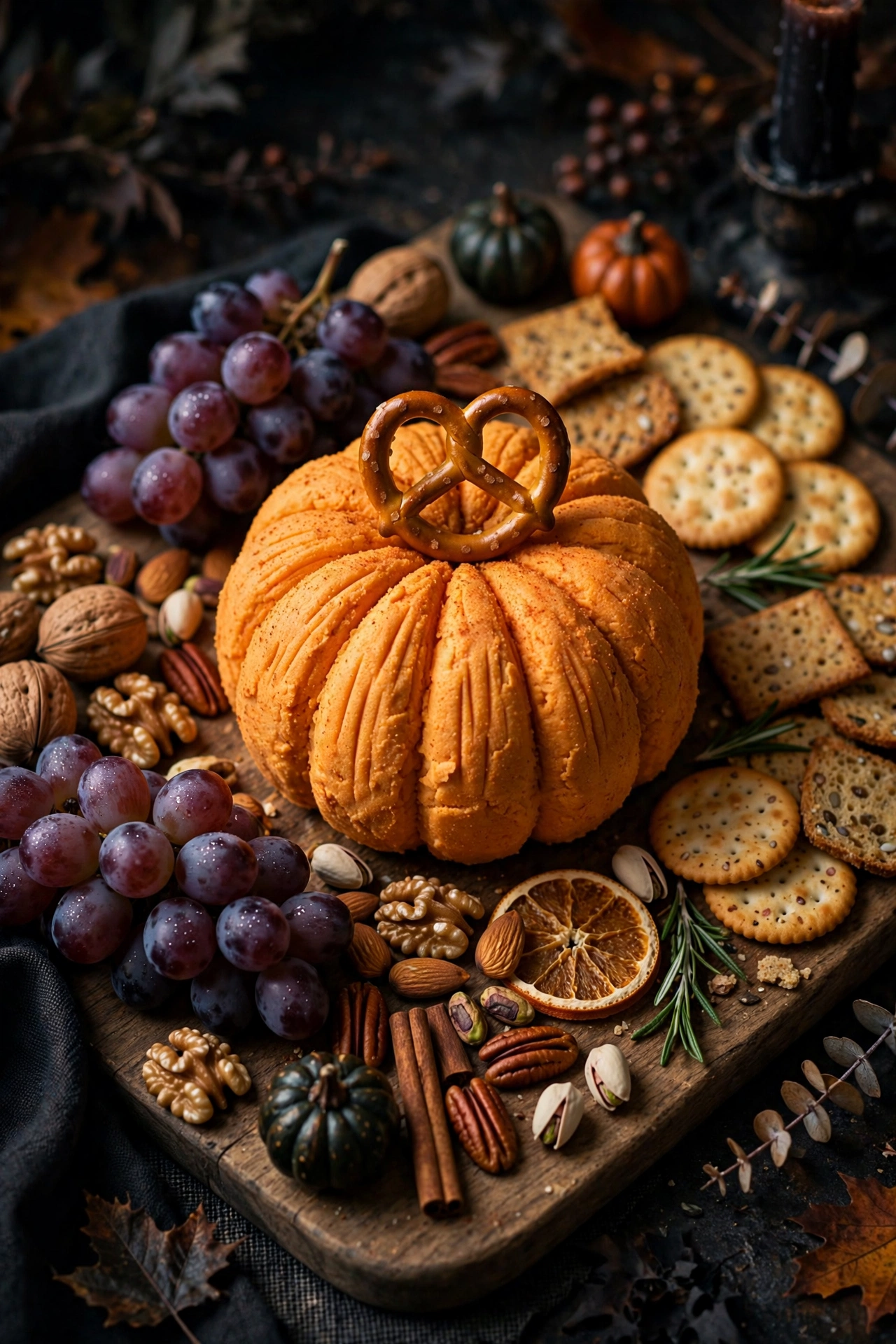 Pumpkin cheese board with baked brie inside hollowed pumpkin and crackers