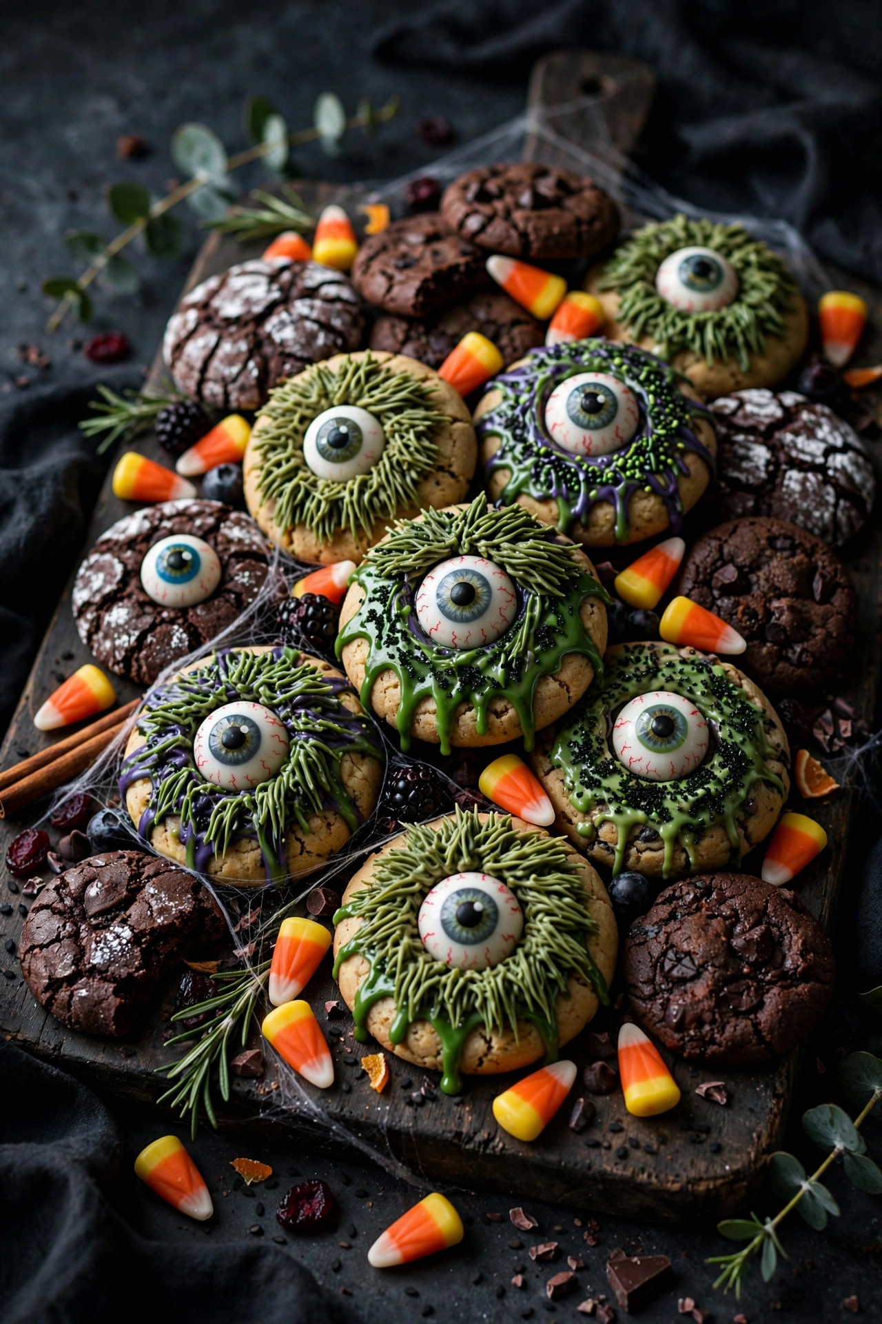 Monster cookie board with chewy cookies candy corn and gummy eyeballs