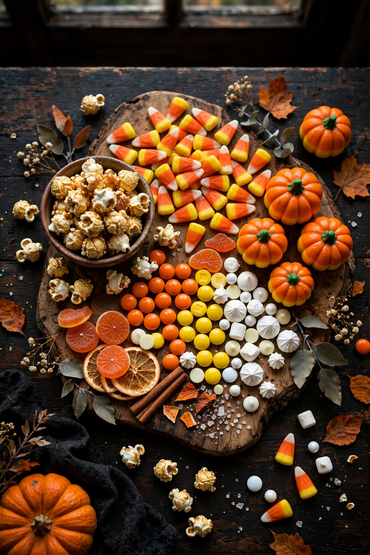 Candy corn board with yellow orange white snacks in color blocked stripes