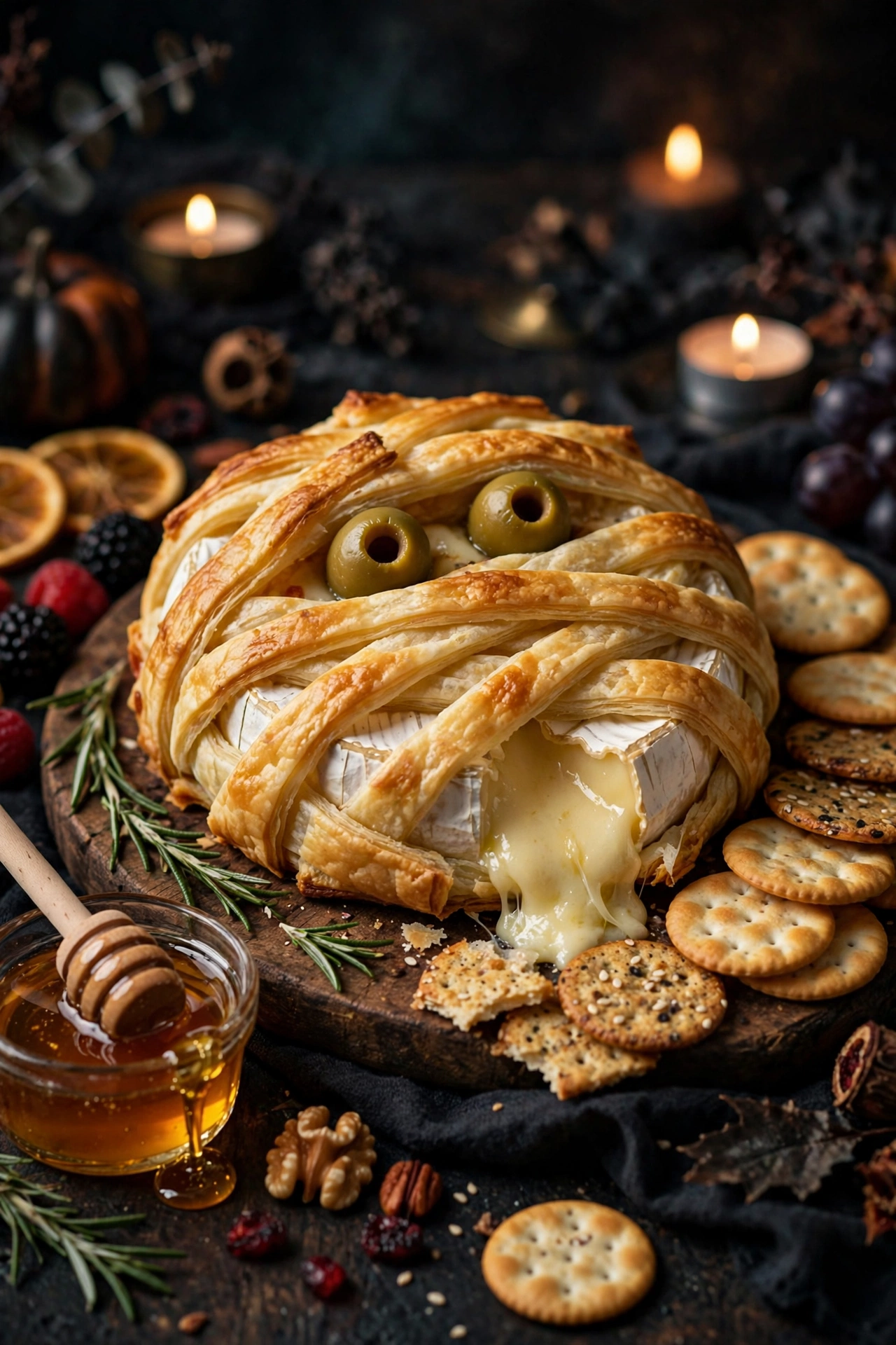 Mummy brie board with puff pastry wrapped brie and candy eyes