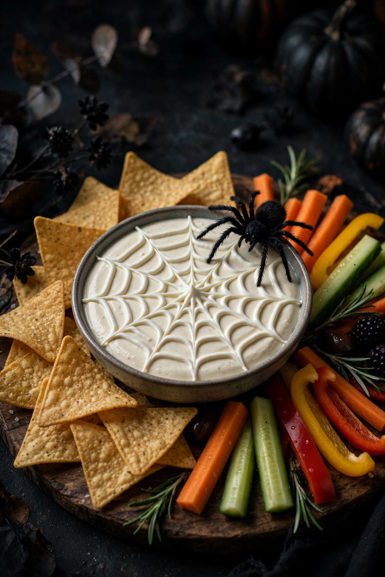Spider web dip board with piped sour cream web on spinach artichoke dip