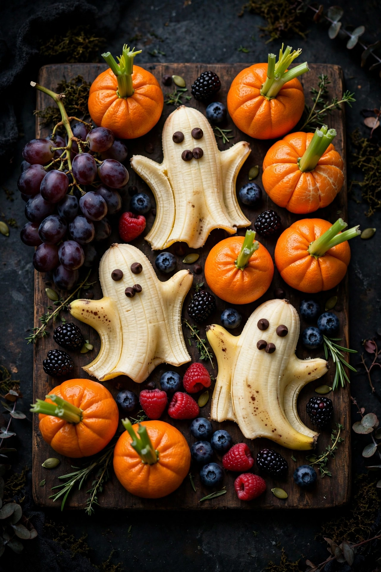 Ghost fruit board with banana ghosts clementine pumpkins and berries