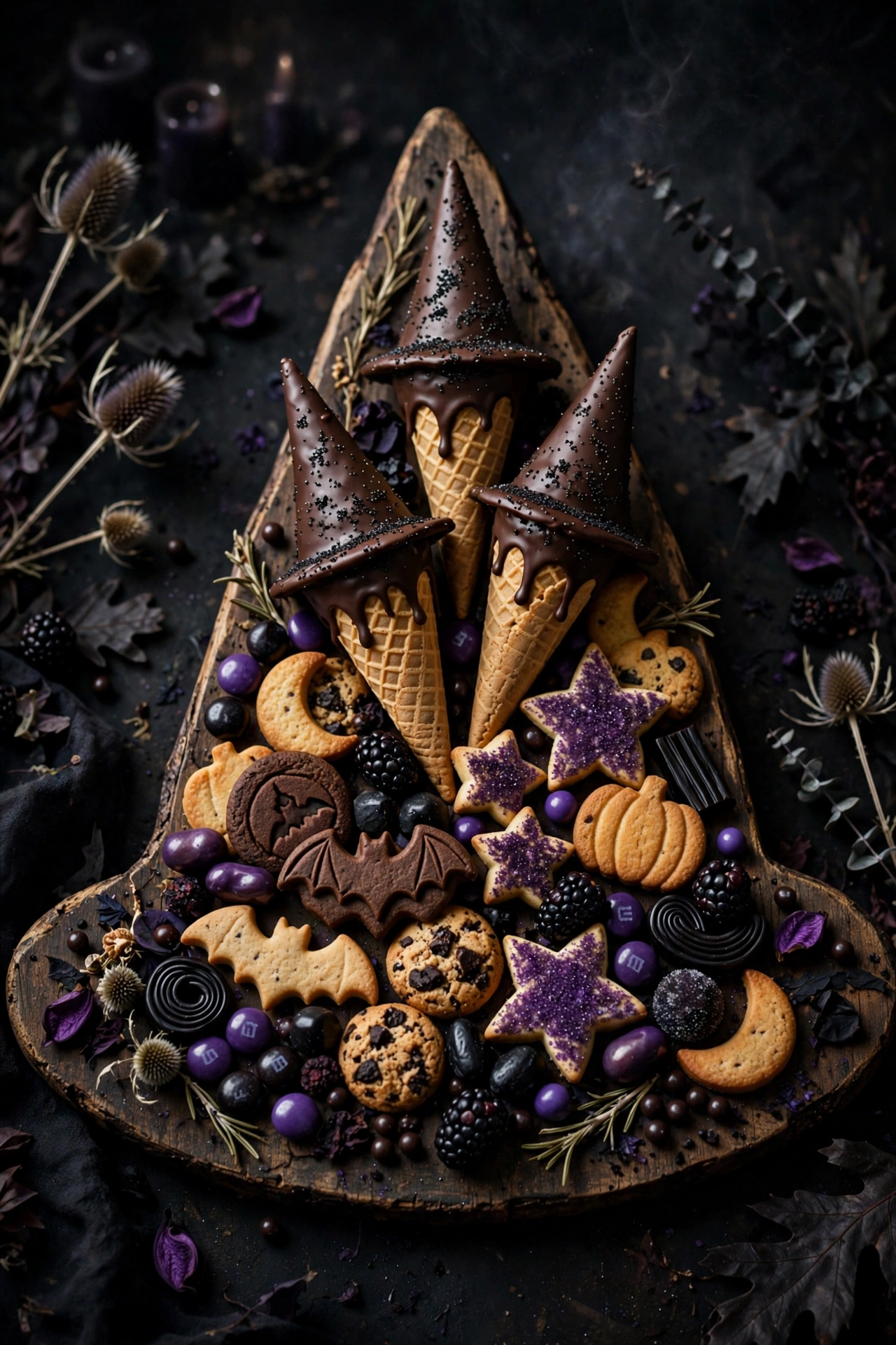Witch hat board with chocolate dipped cone hats and purple popcorn