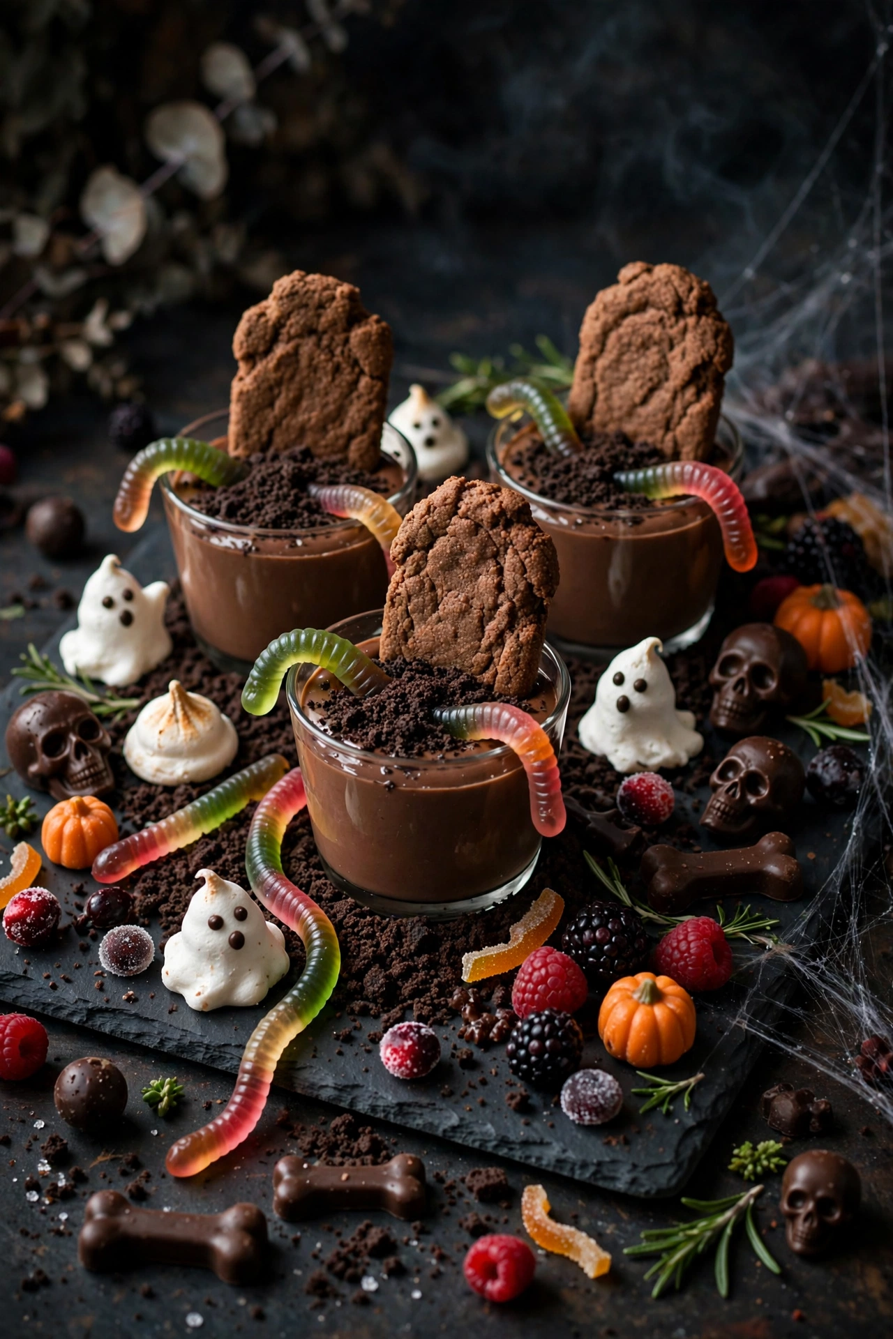 Graveyard dessert board with cookie tombstones in chocolate pudding dirt