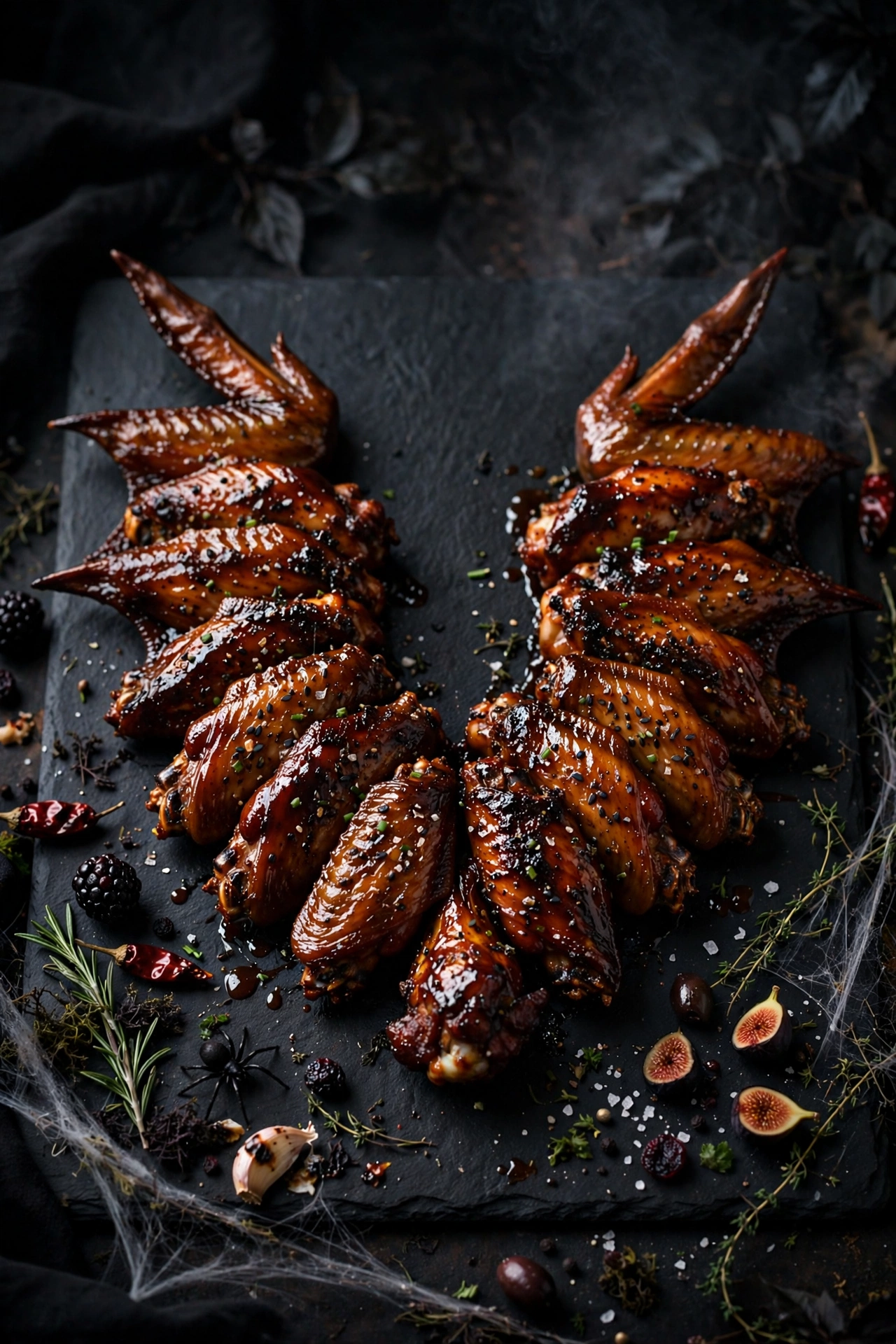 Bat wing board with blackberry glazed chicken wings and celery sticks