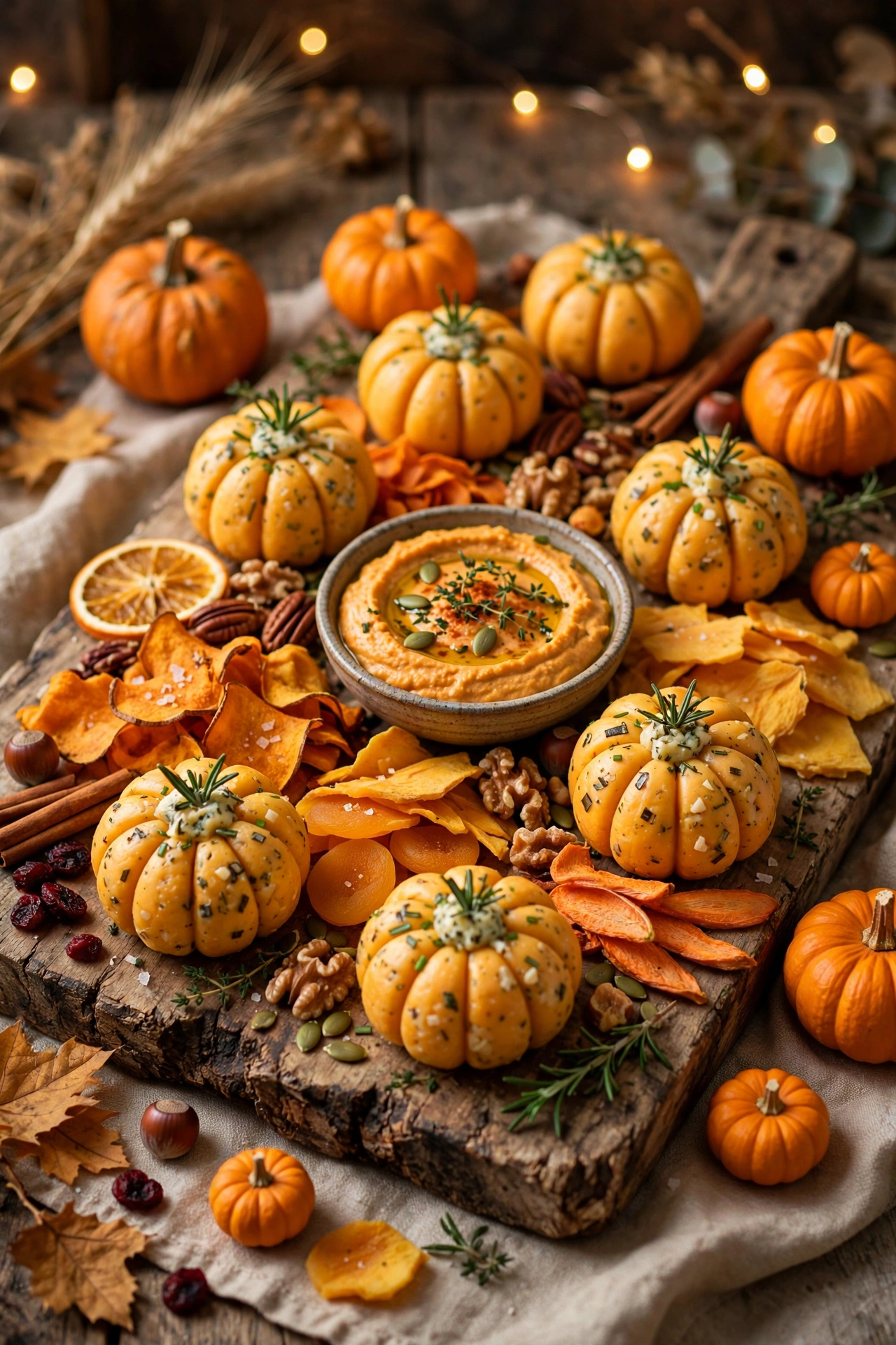 Pumpkin patch board with mini bell pepper jack o lanterns filled with dip