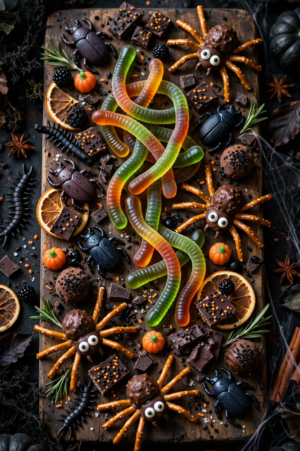 Creepy crawler board with gummy worms pretzel spiders and olive eyeballs