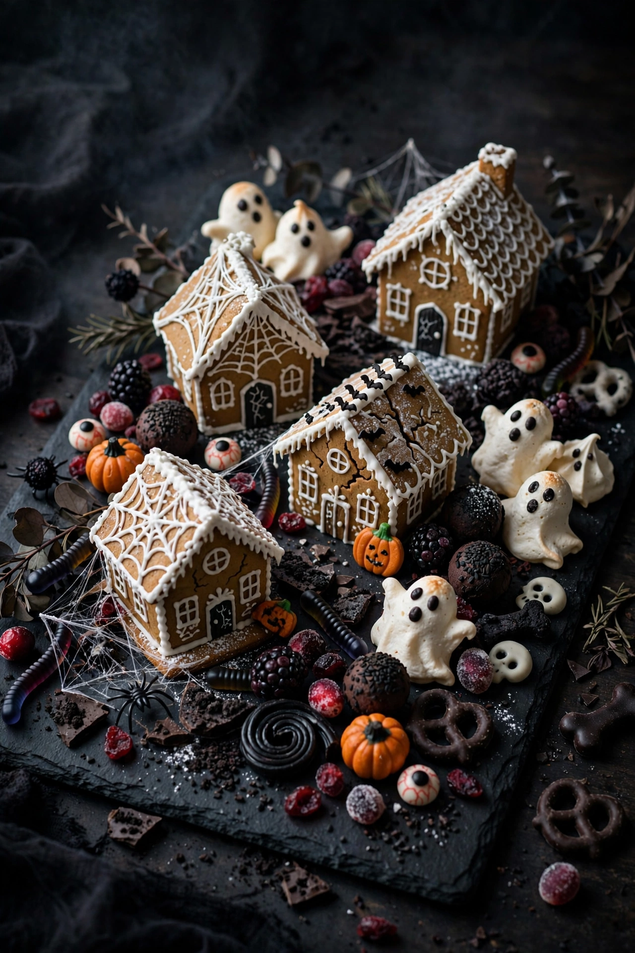 Haunted house board with chocolate graham cracker house and candy decorations
