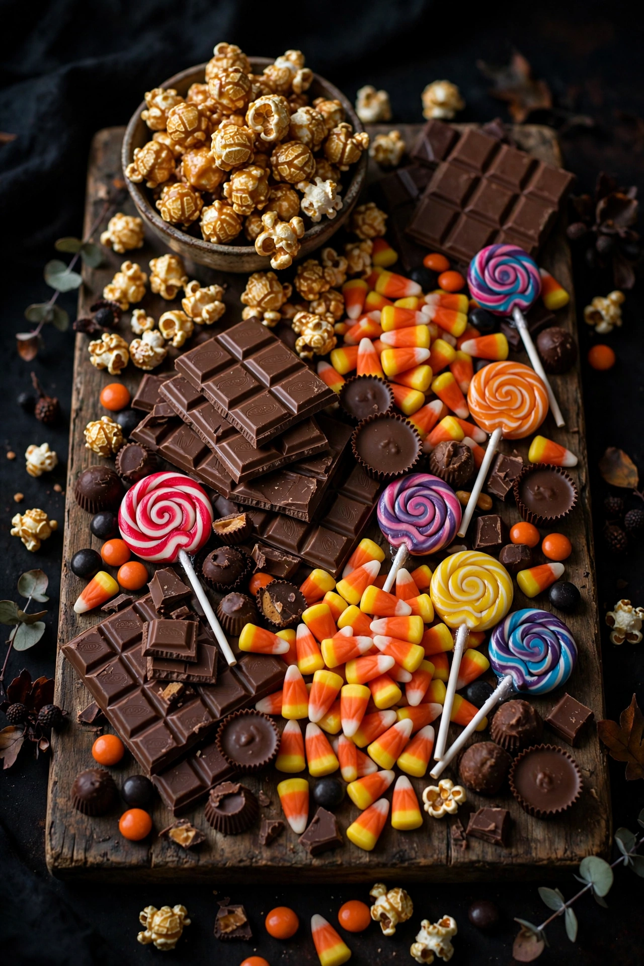 Trick or treat board overflowing with candy popcorn cheese and pretzels