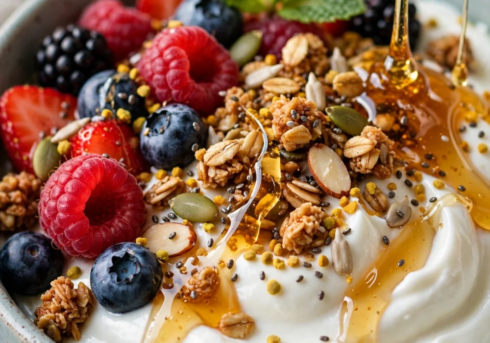 Greek yogurt protein bowl with berries granola and honey