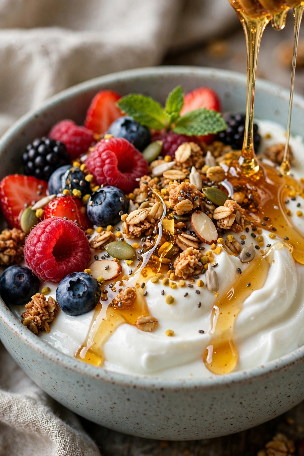 Greek yogurt protein bowl with berries granola and honey