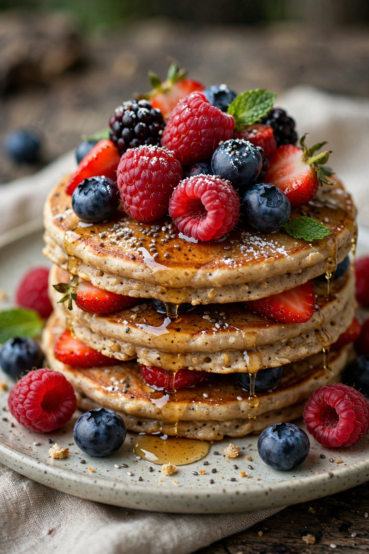 Protein pancakes stacked with berries
