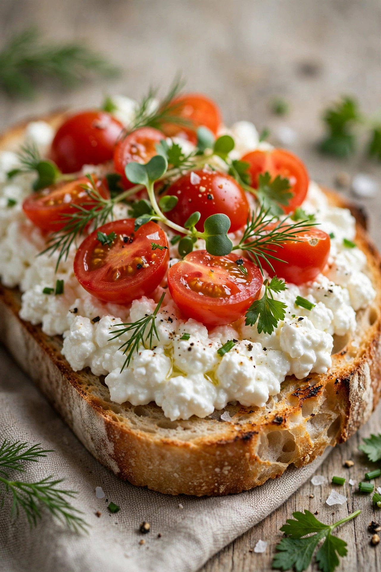 Cottage cheese toast with tomatoes and herbs