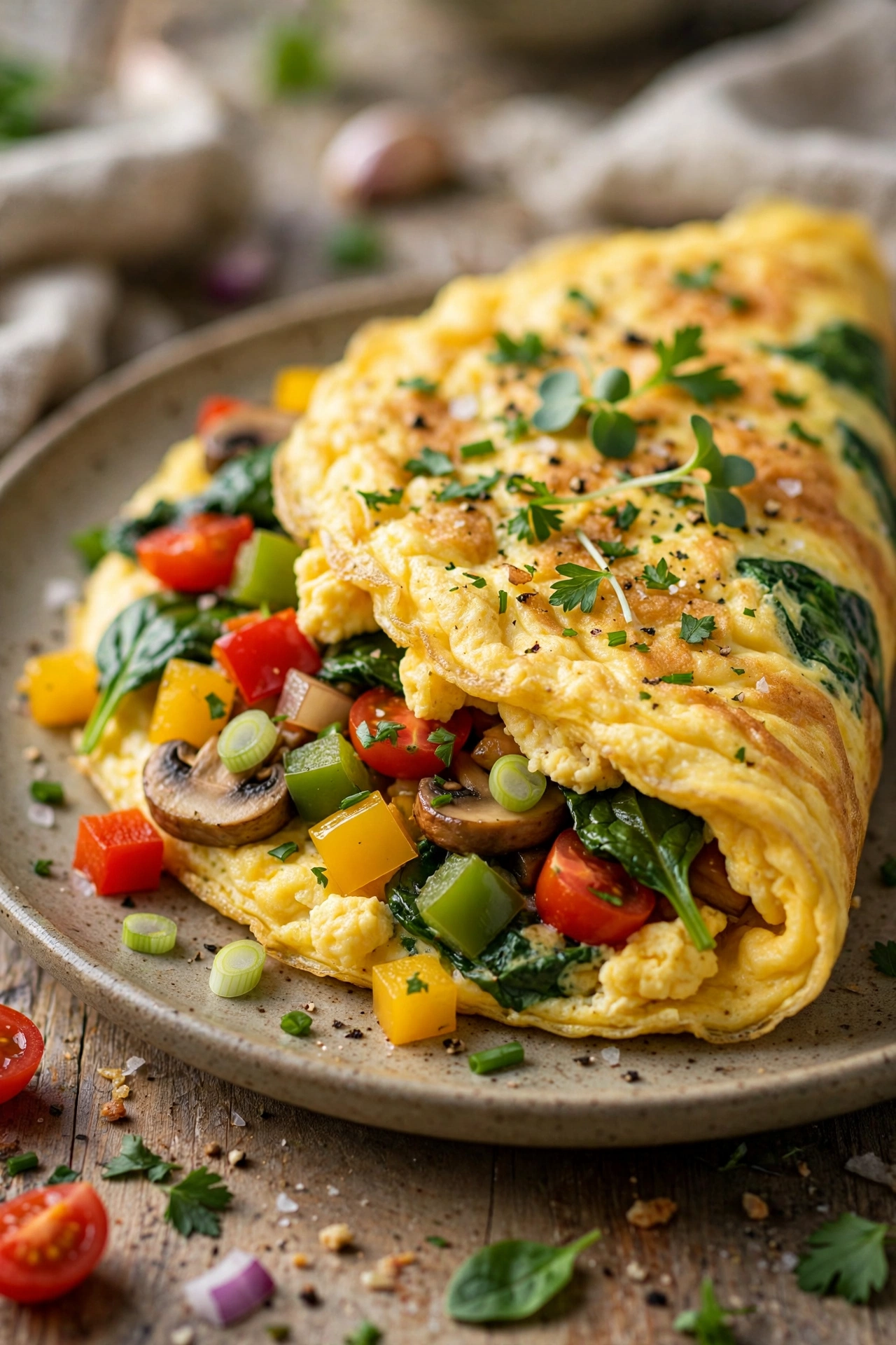 Veggie omelet fluffy folded with colorful vegetables