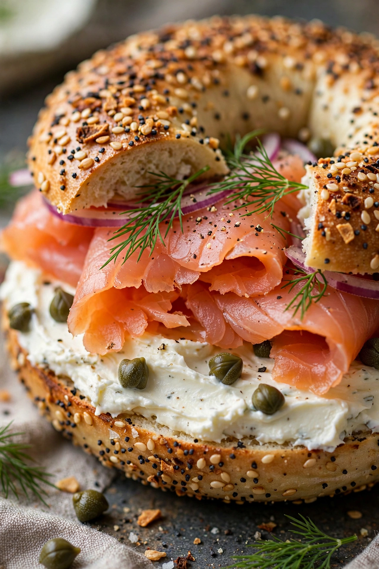 Smoked salmon bagel with cream cheese capers and dill