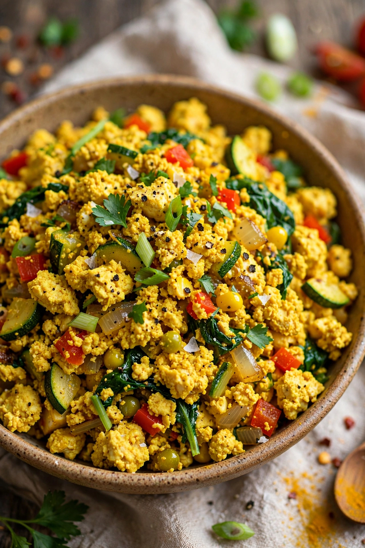 Tofu scramble turmeric yellow with vegetables