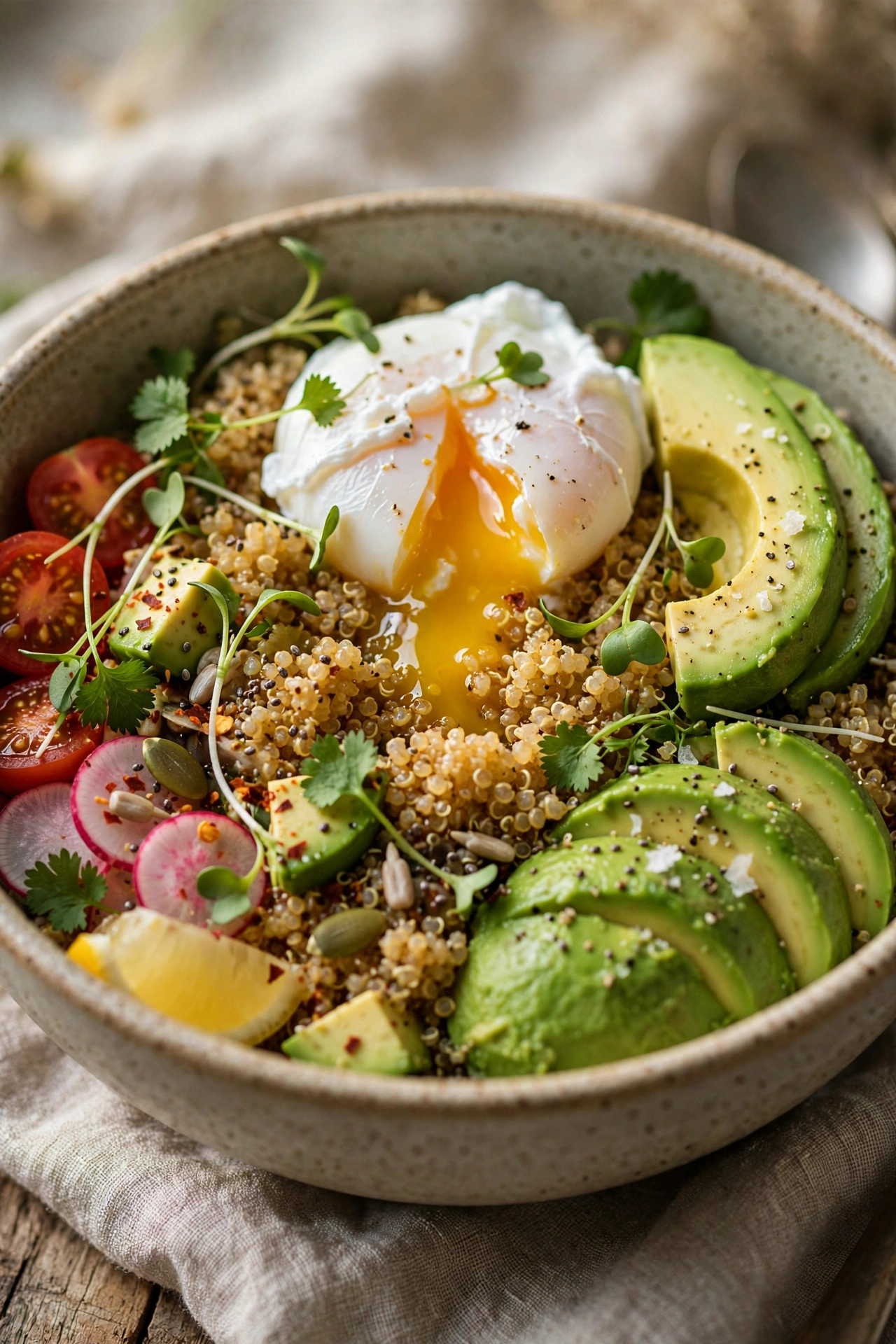 Quinoa breakfast bowl with egg and avocado