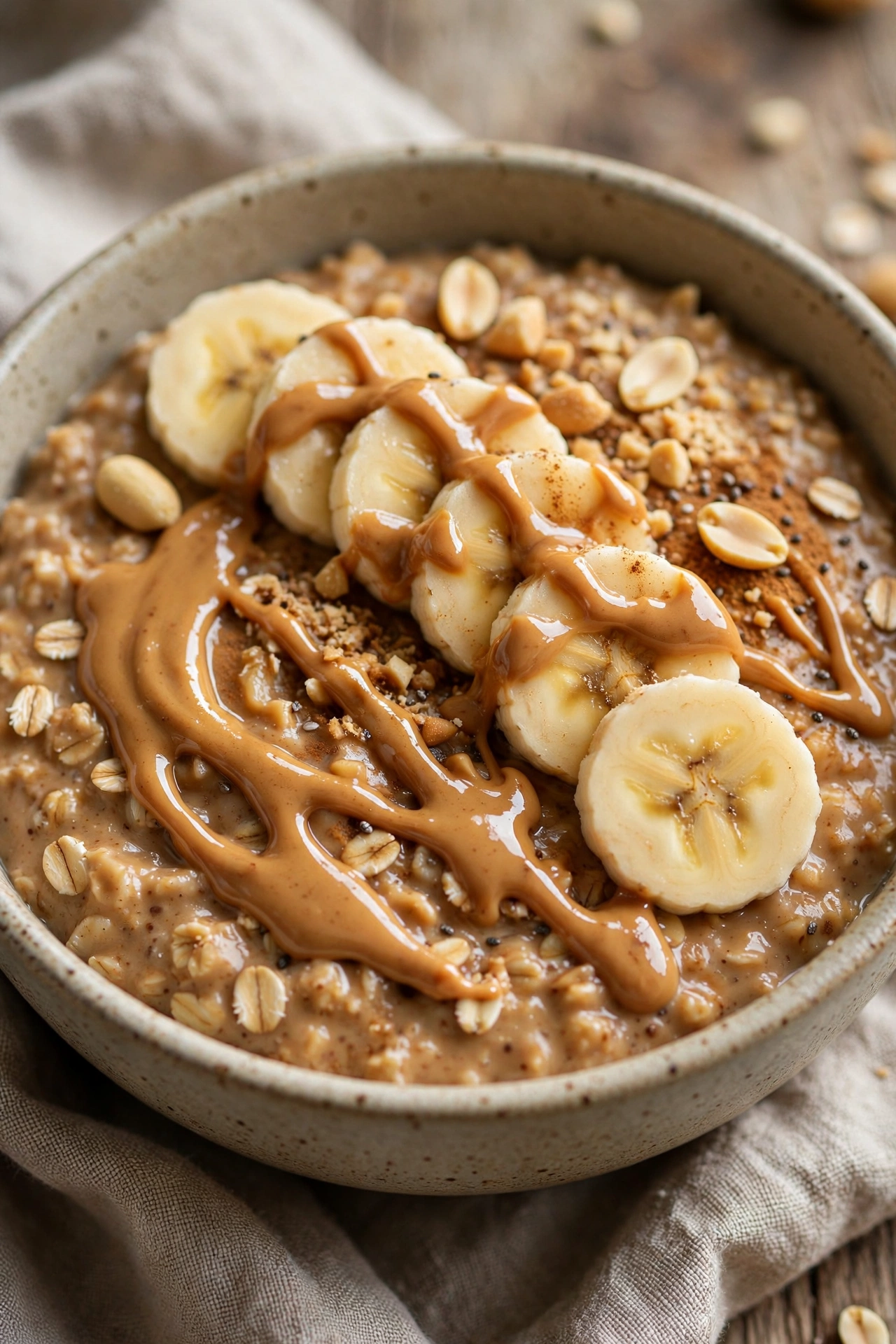 Peanut butter oatmeal with banana slices and drizzle