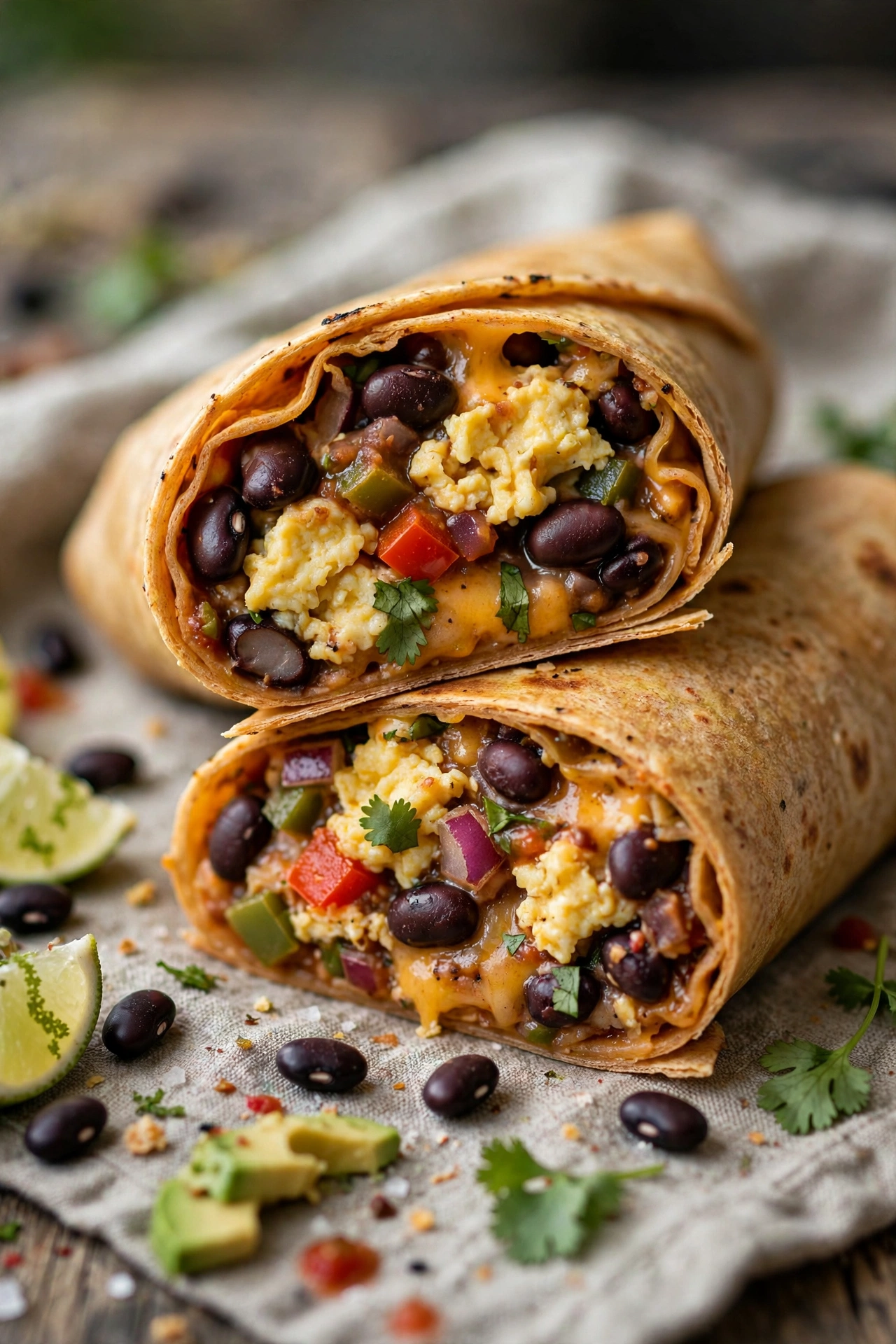 Black bean breakfast burrito cut showing filling